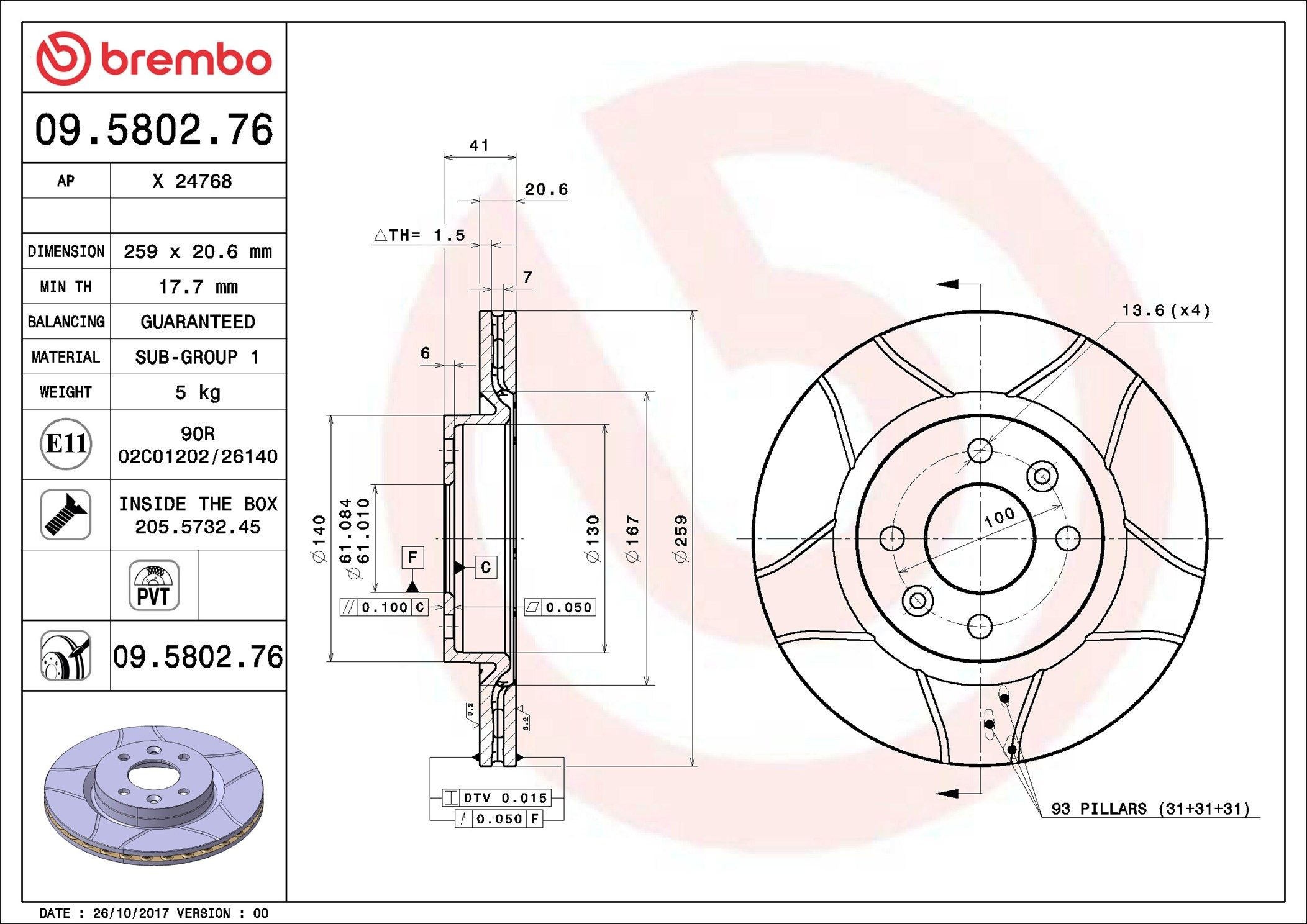 Disco de freno delantero Brembo 09580276