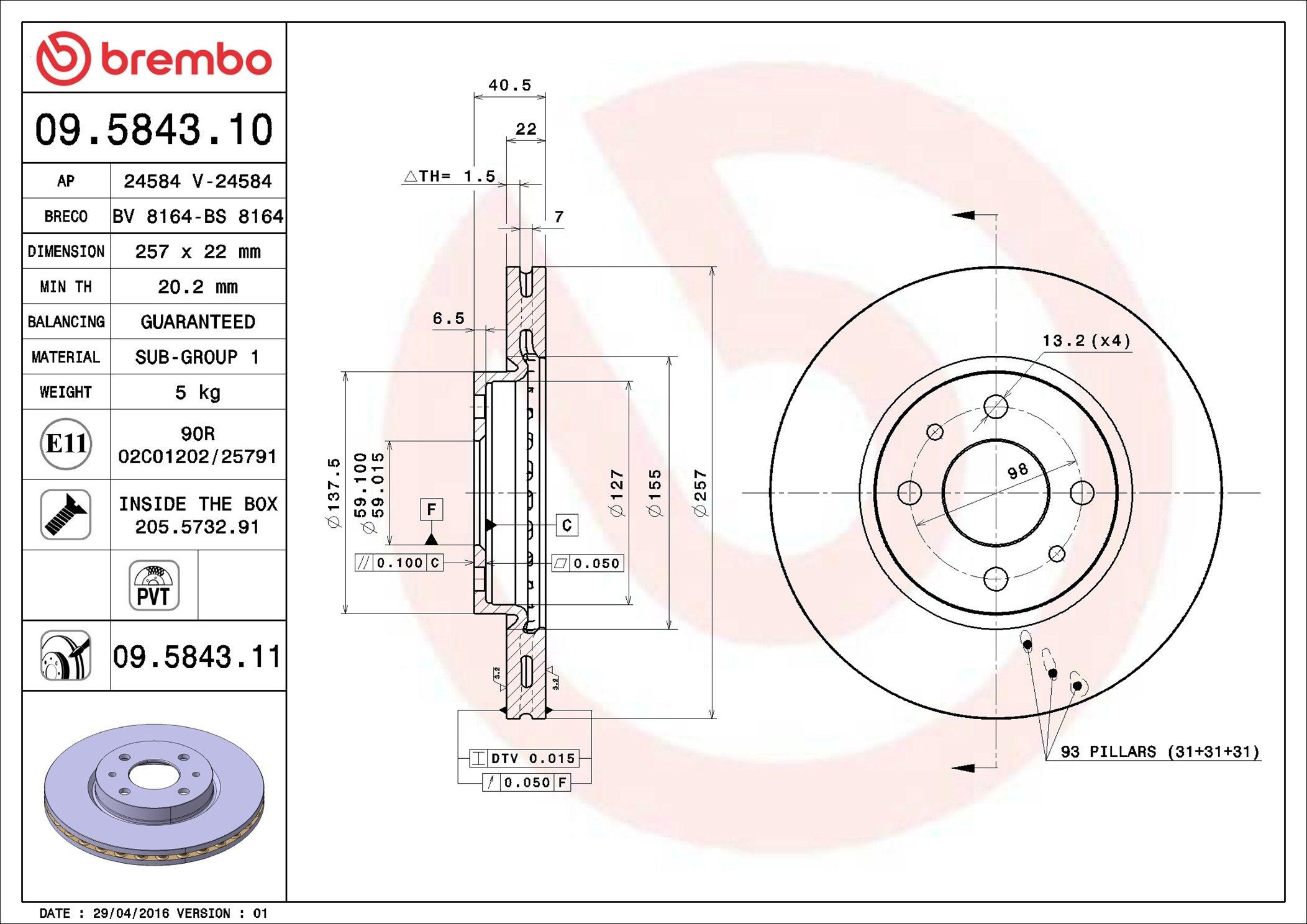 Disco de freno delantero Brembo 09584311