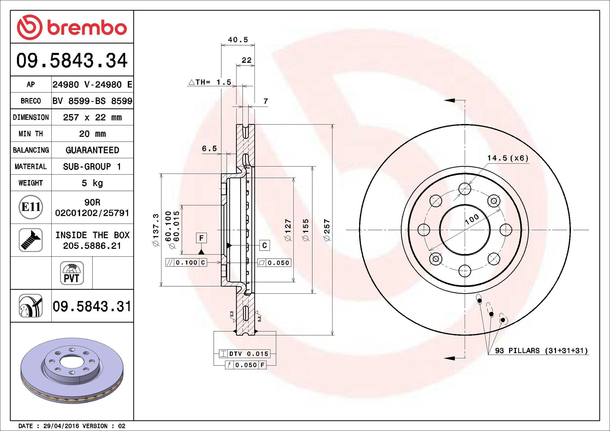 Disco de freno delantero Brembo 09584331