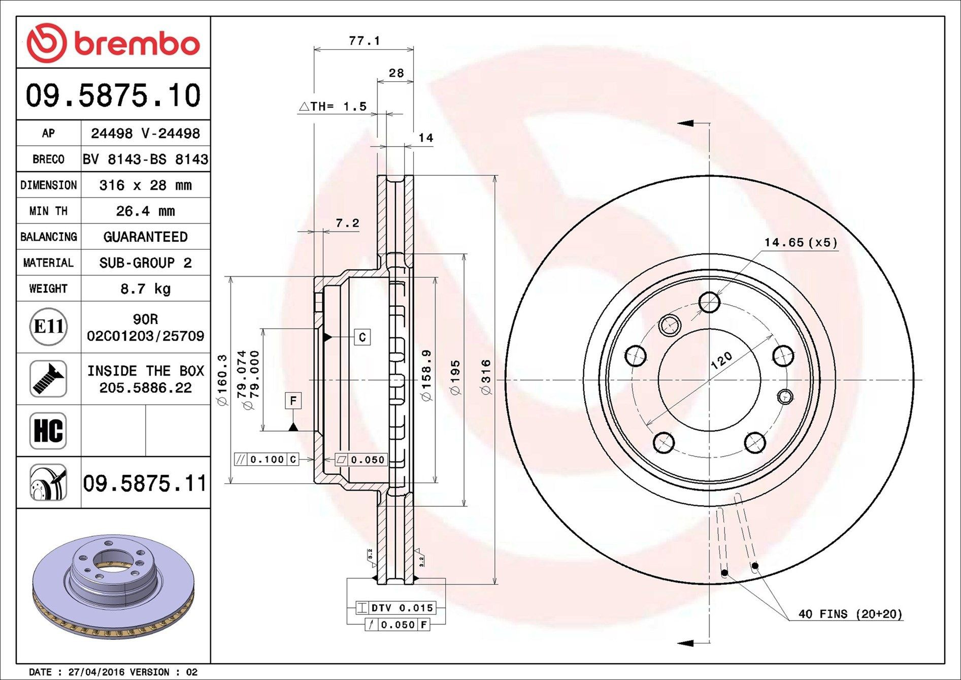 Comprar 09587511 Brembo Freno de disco delantero