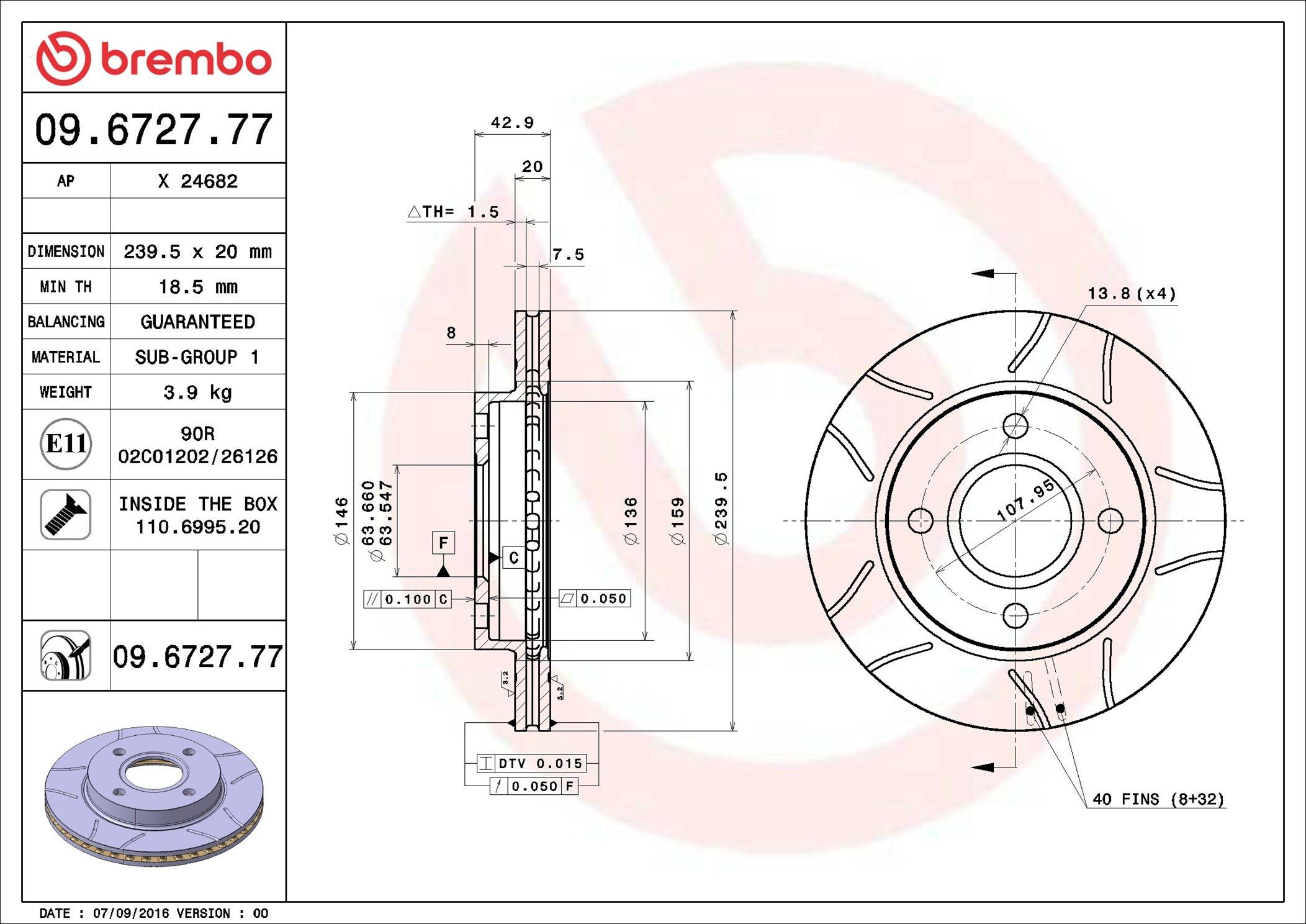 Disco de freno 09672777 Brembo
