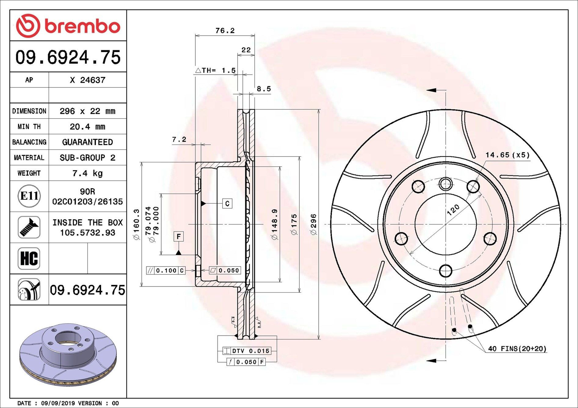 Disco de freno delantero Brembo 09692475