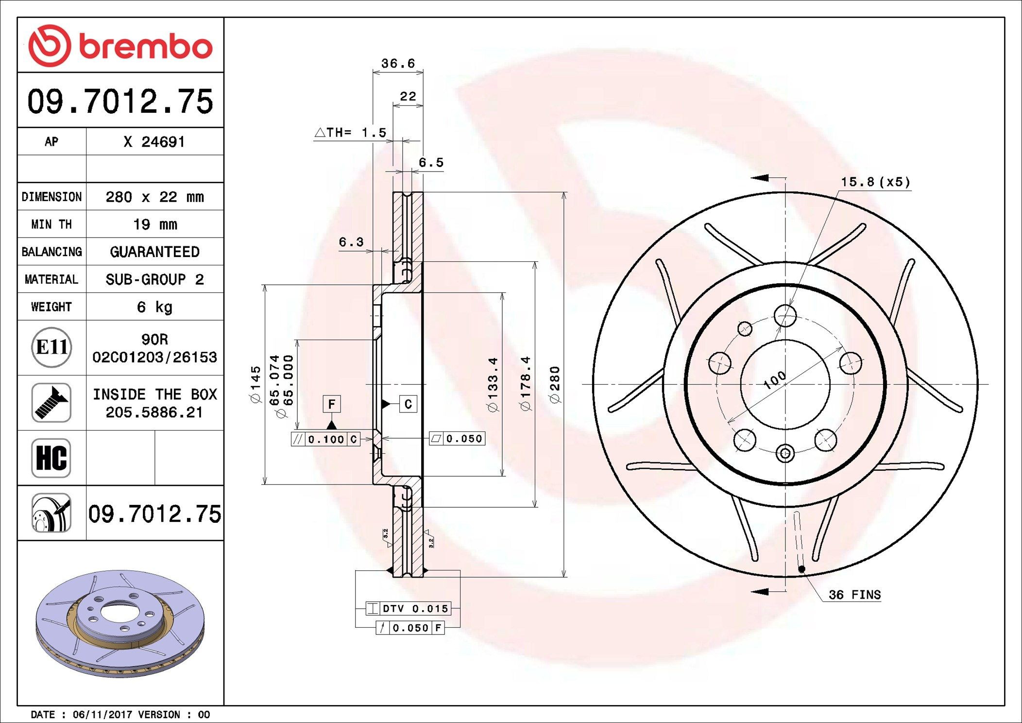 Disco de freno delantero Brembo 09701275