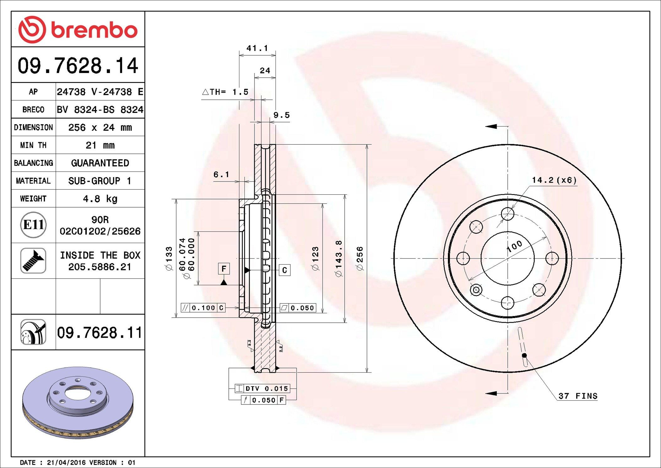 Comprar 09762814 Brembo Freno de disco delantero