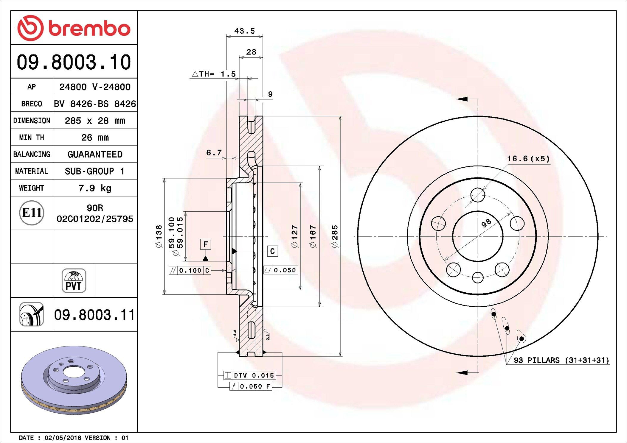 Disco de freno 09800311 Brembo