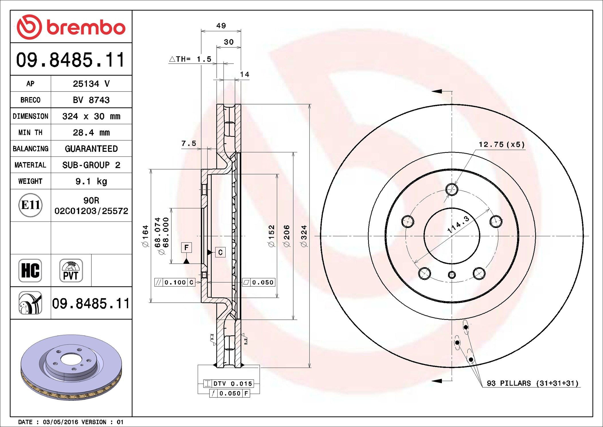 Disco de freno 09848511 Brembo