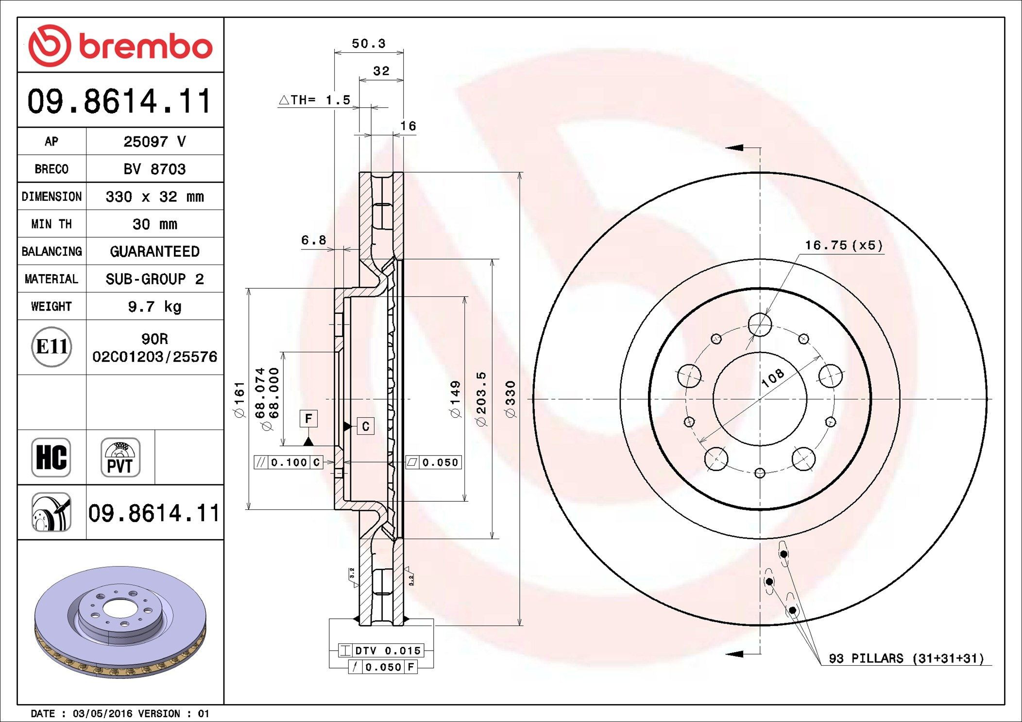 Comprar 09861411 Brembo Freno de disco delantero