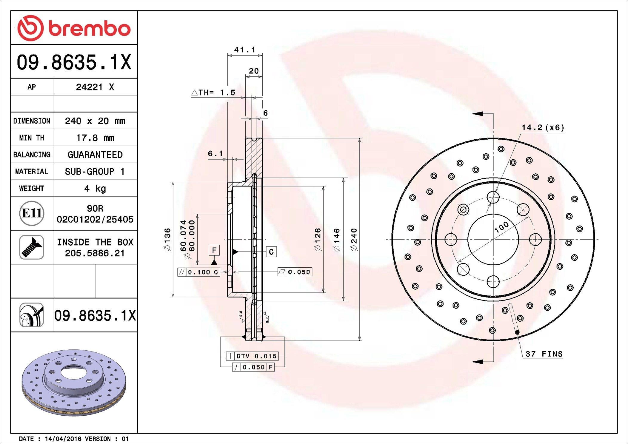 Disco de freno 0986351X Brembo