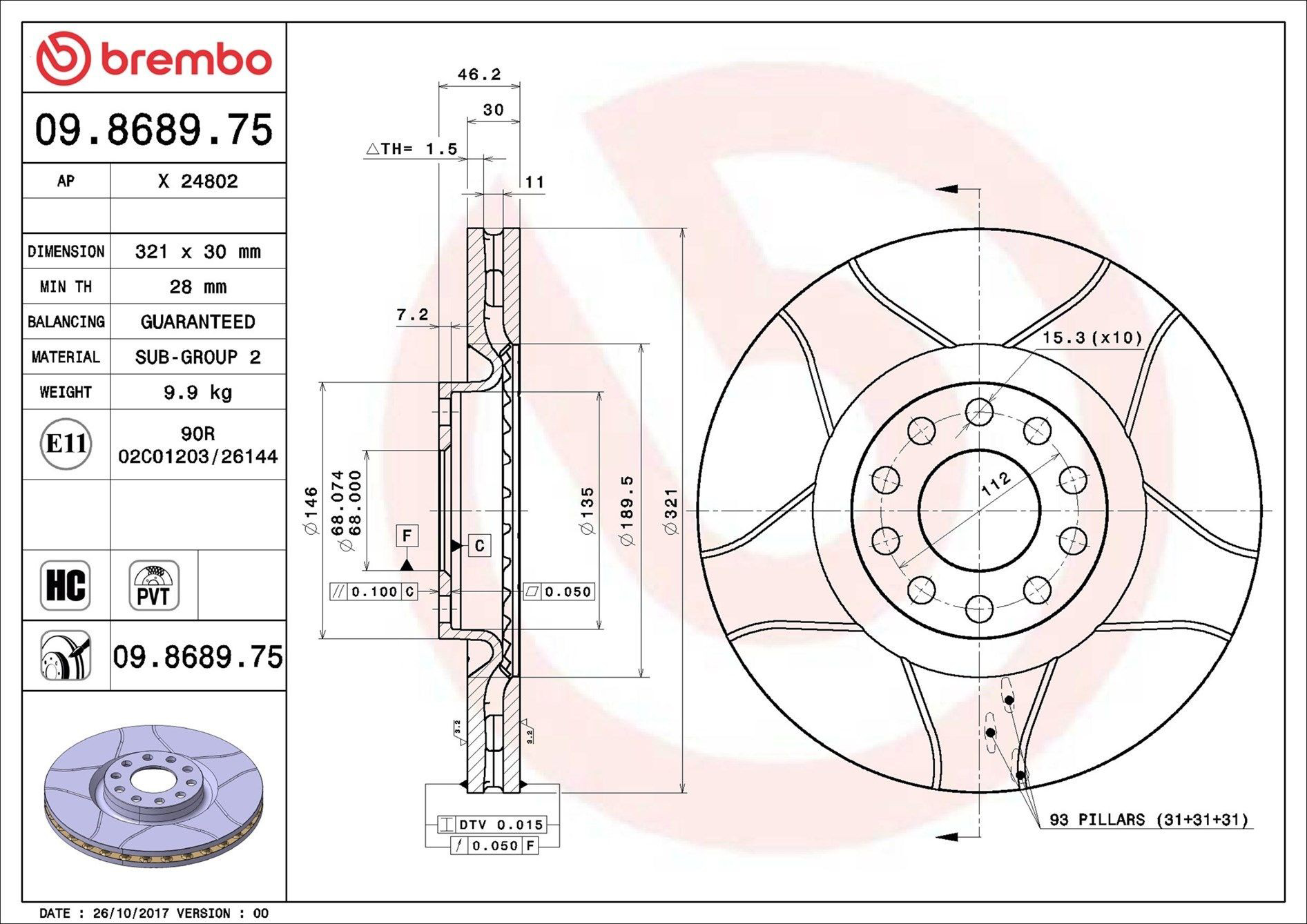 Disco de freno 09868975 Brembo