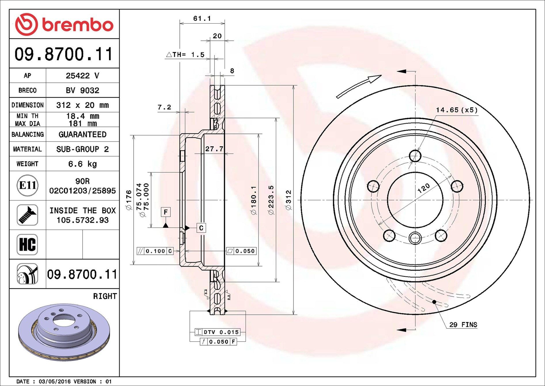 Disco de freno trasero Brembo 09870011 precio, desde 56,45 EUR