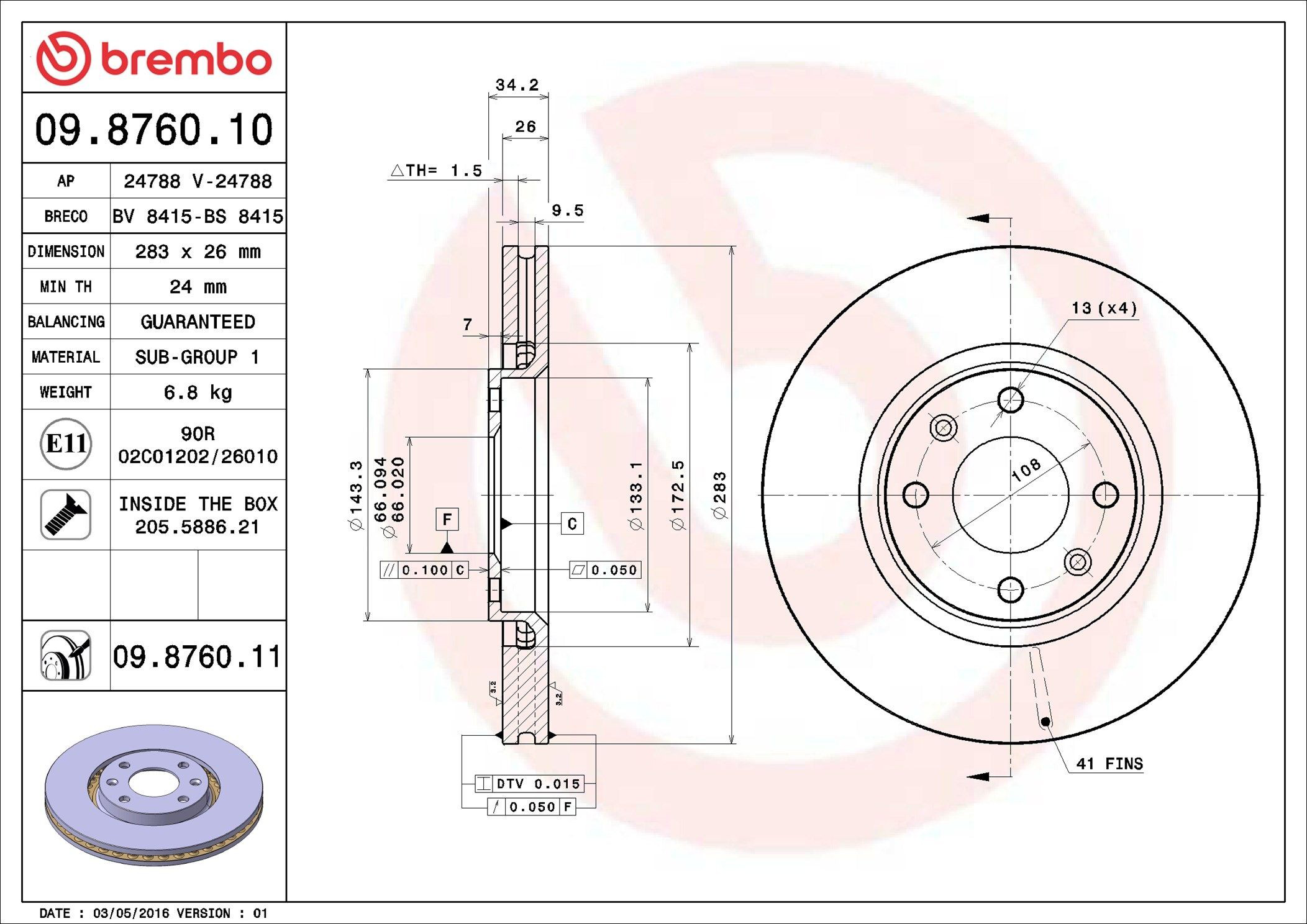 Disco de freno delantero Brembo 09876010