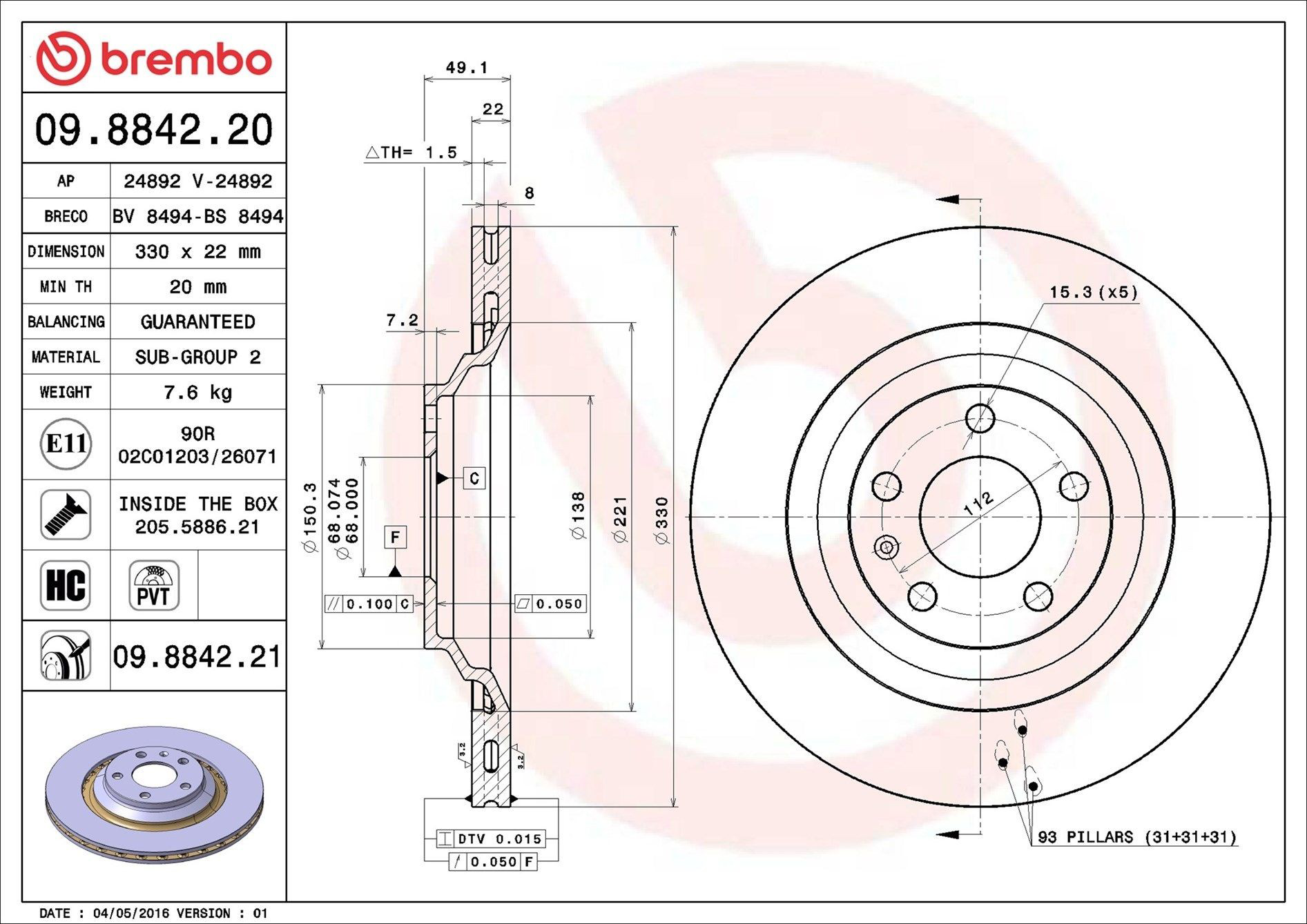 Disco de freno trasero Brembo 09884221 precio, desde 51,64 EUR