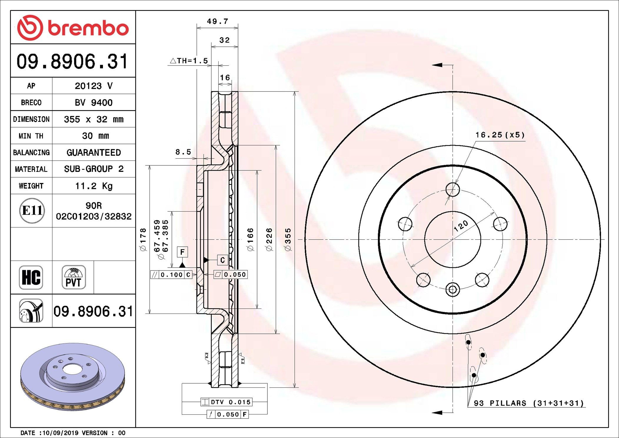 Disco de freno 09890631 Brembo