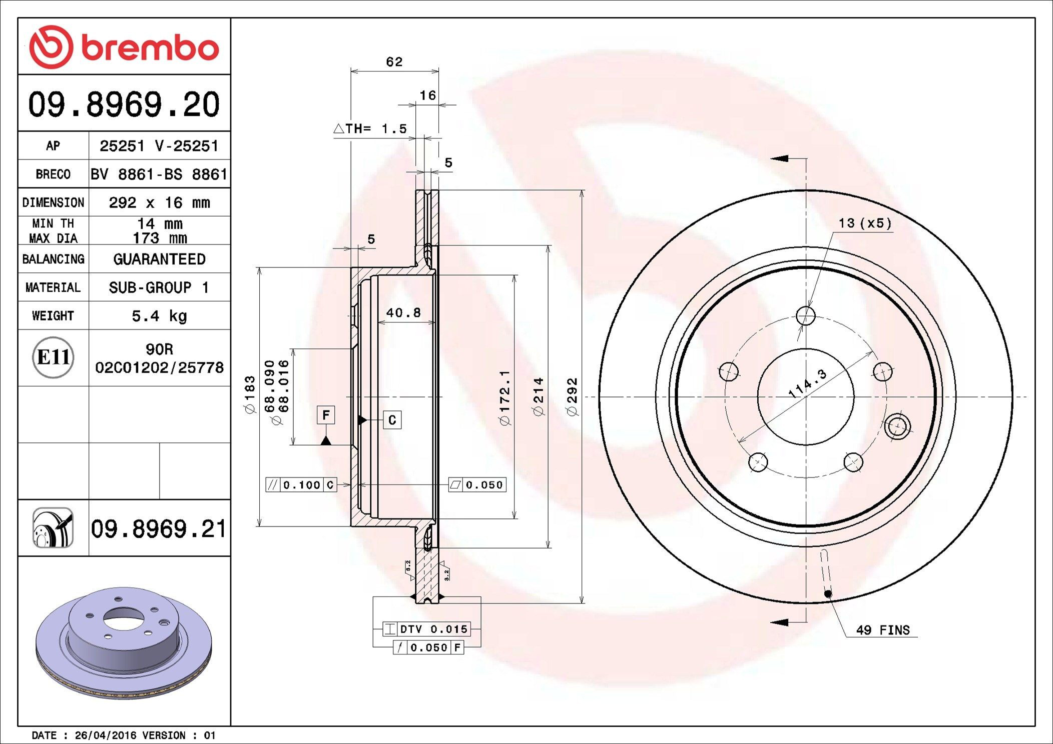 Disco de freno trasero Brembo 09896920 precio, desde 37,59 EUR