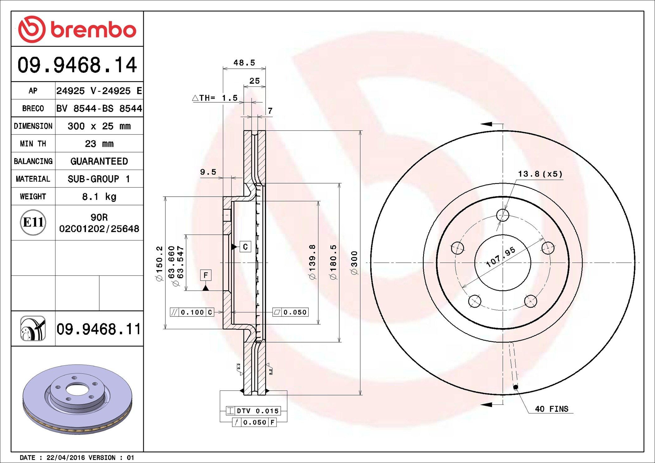 Disco de freno 09946811 Brembo