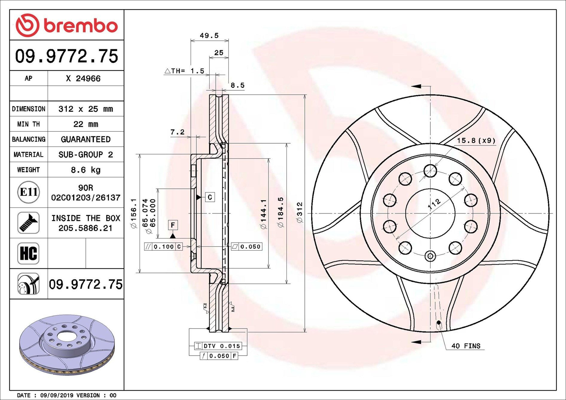 Disco de freno delantero Brembo 09977275