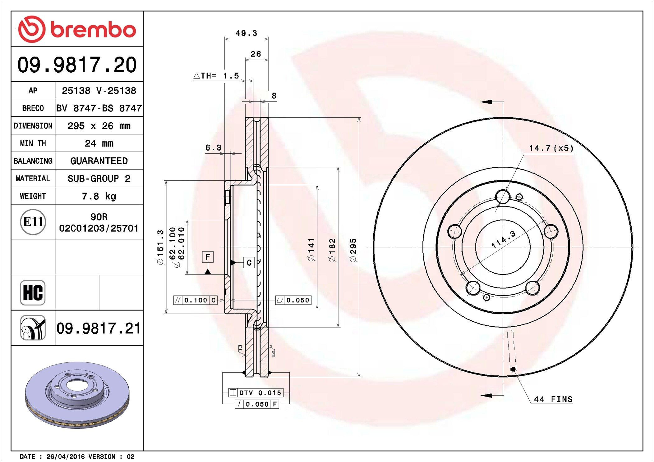 Disco de freno delantero Brembo 09981720
