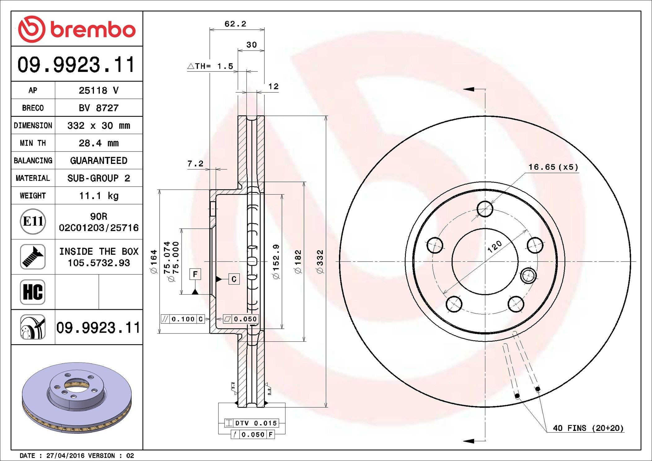 Comprar 09992311 Brembo Freno de disco delantero