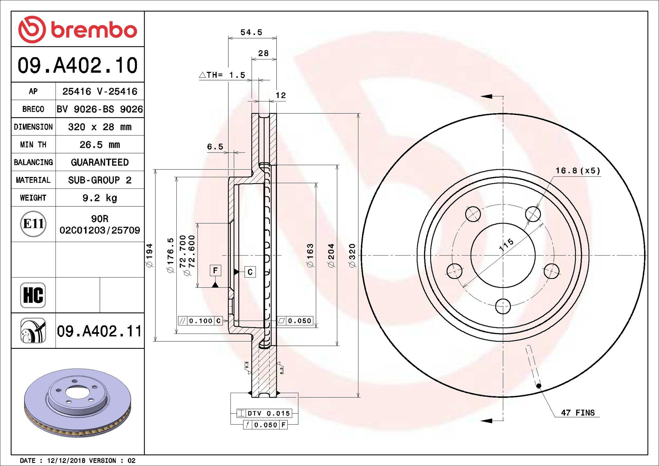 Disco de freno 09A40211 Brembo