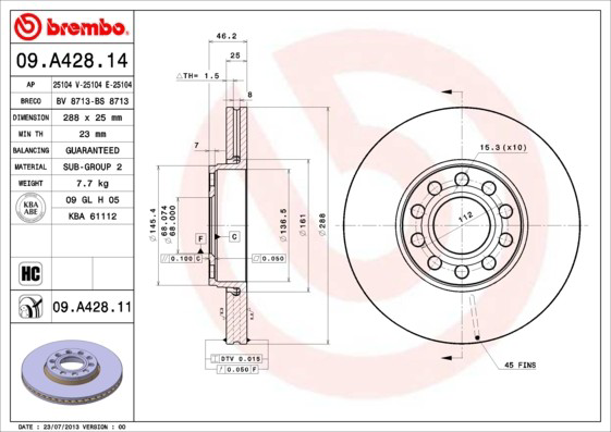 Disco de freno 09A42811 Brembo