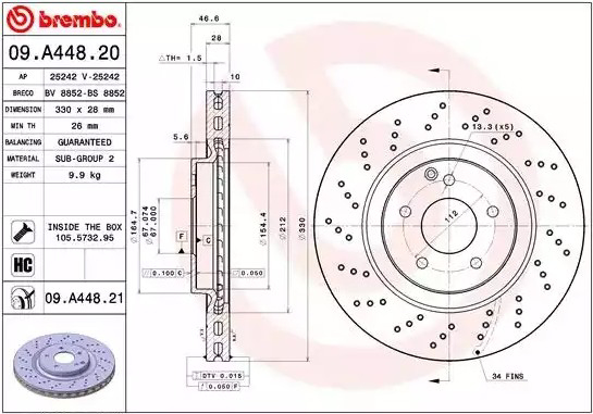 Disco de freno delantero Brembo 09A44821