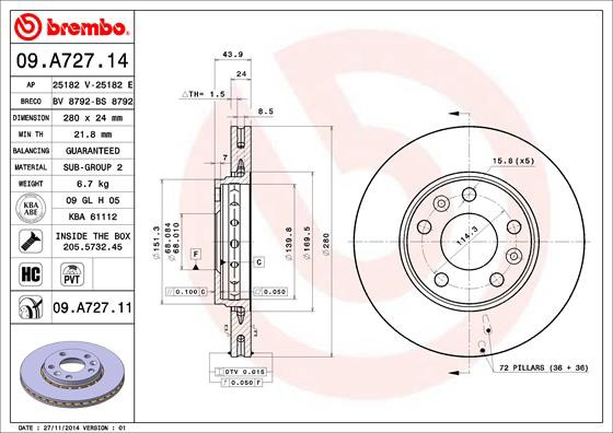 Disco de freno 09A72714 Brembo
