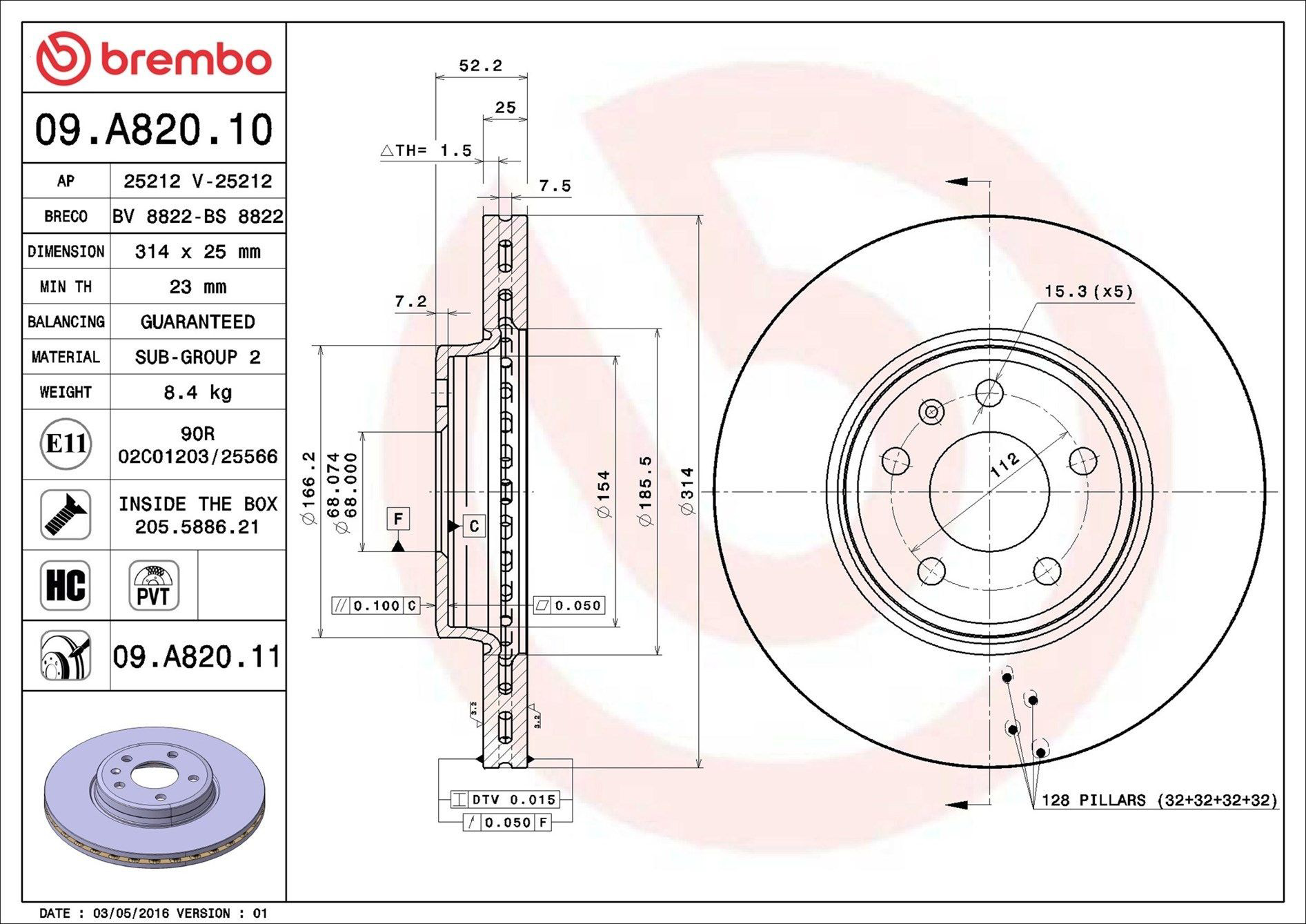 Disco de freno delantero Brembo 09A82011
