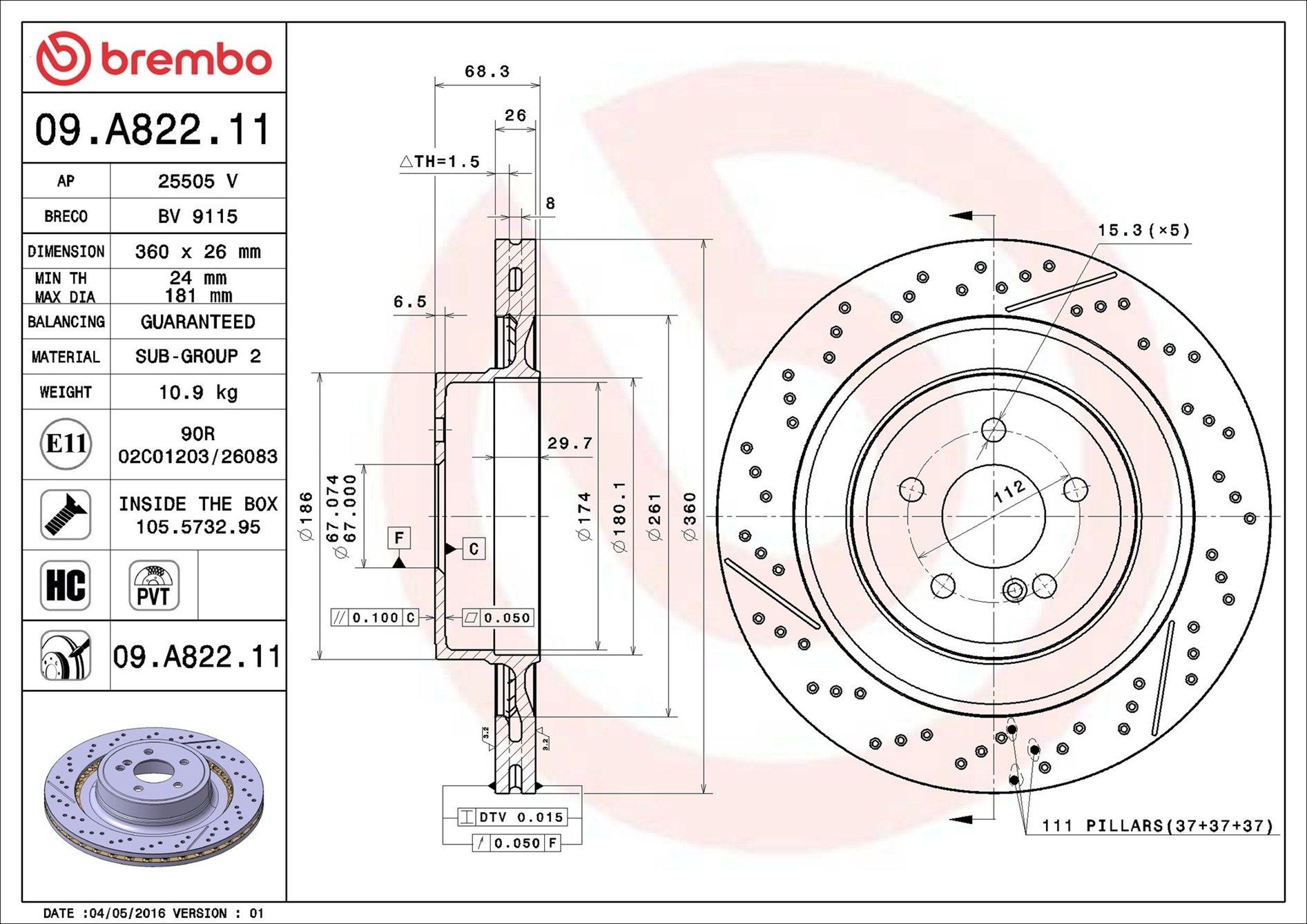 Disco de freno trasero 09A82211 Brembo