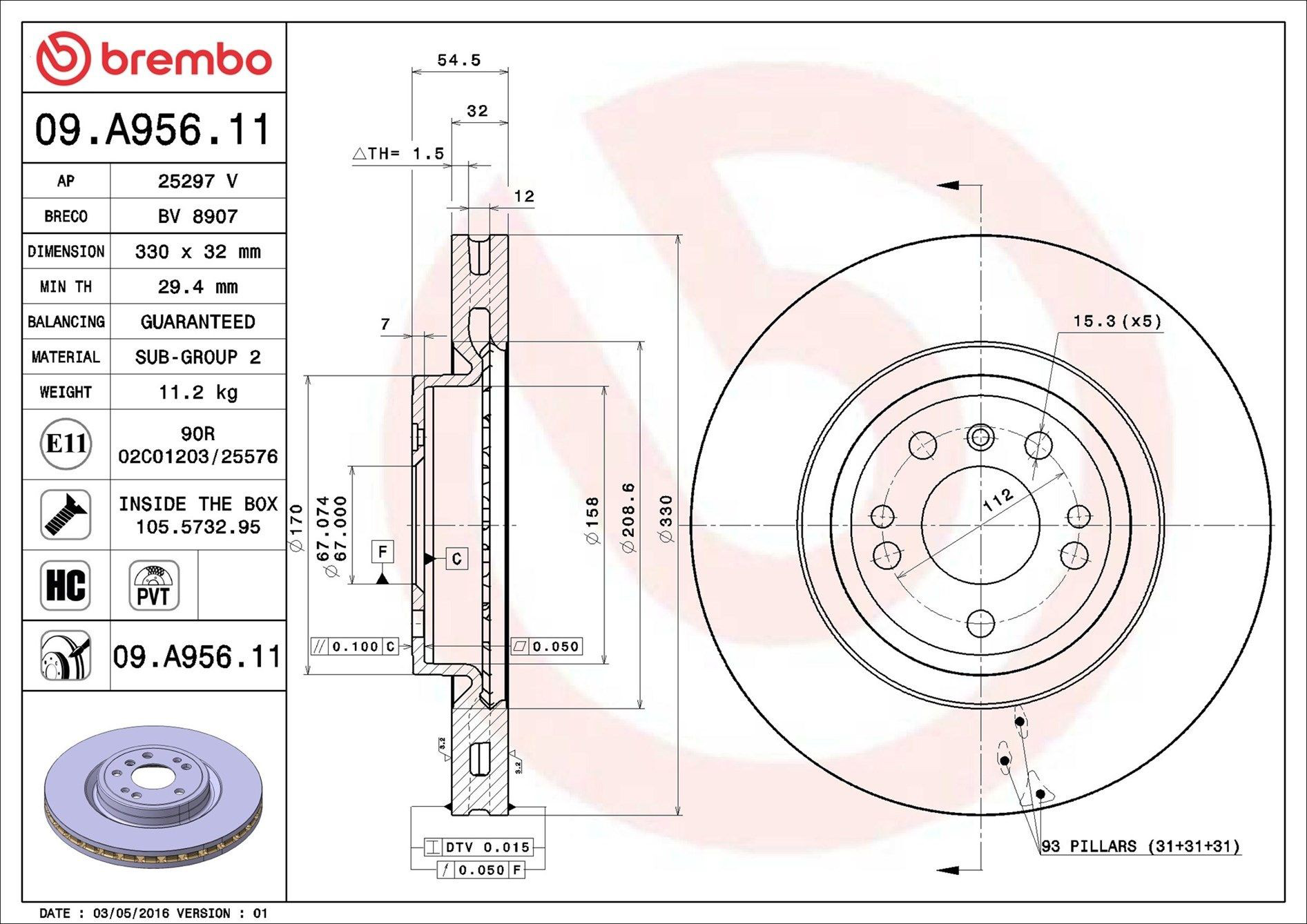 Disco de freno 09A95611 Brembo