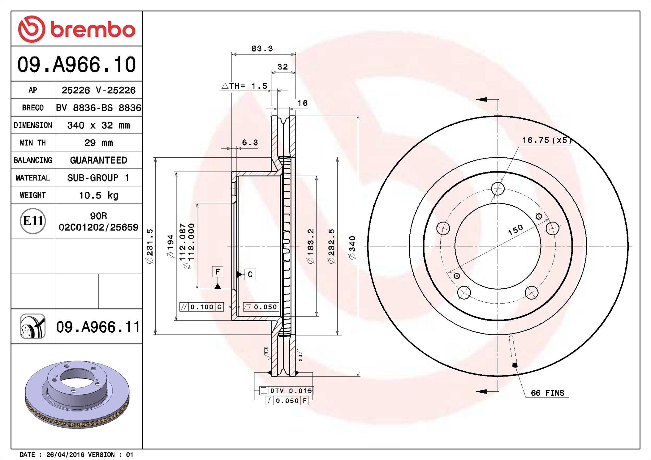 Comprar 09A96611 Brembo Freno de disco delantero