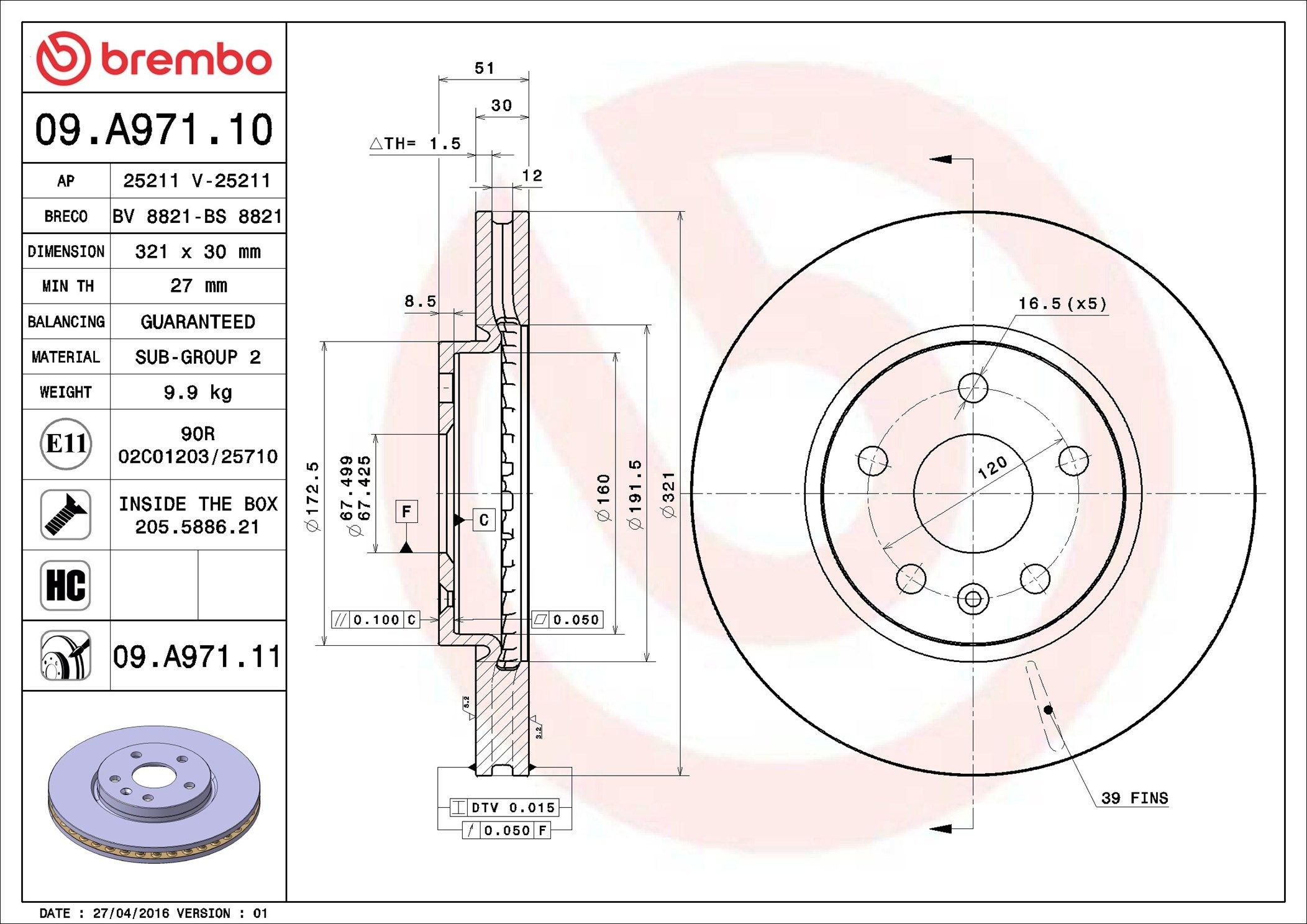 Comprar 09A97111 Brembo Freno de disco delantero