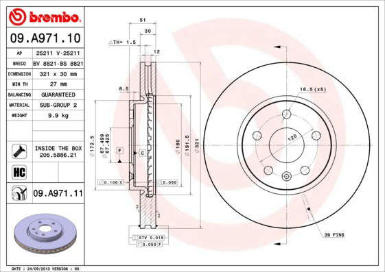 Disco de freno delantero Brembo 09A97111