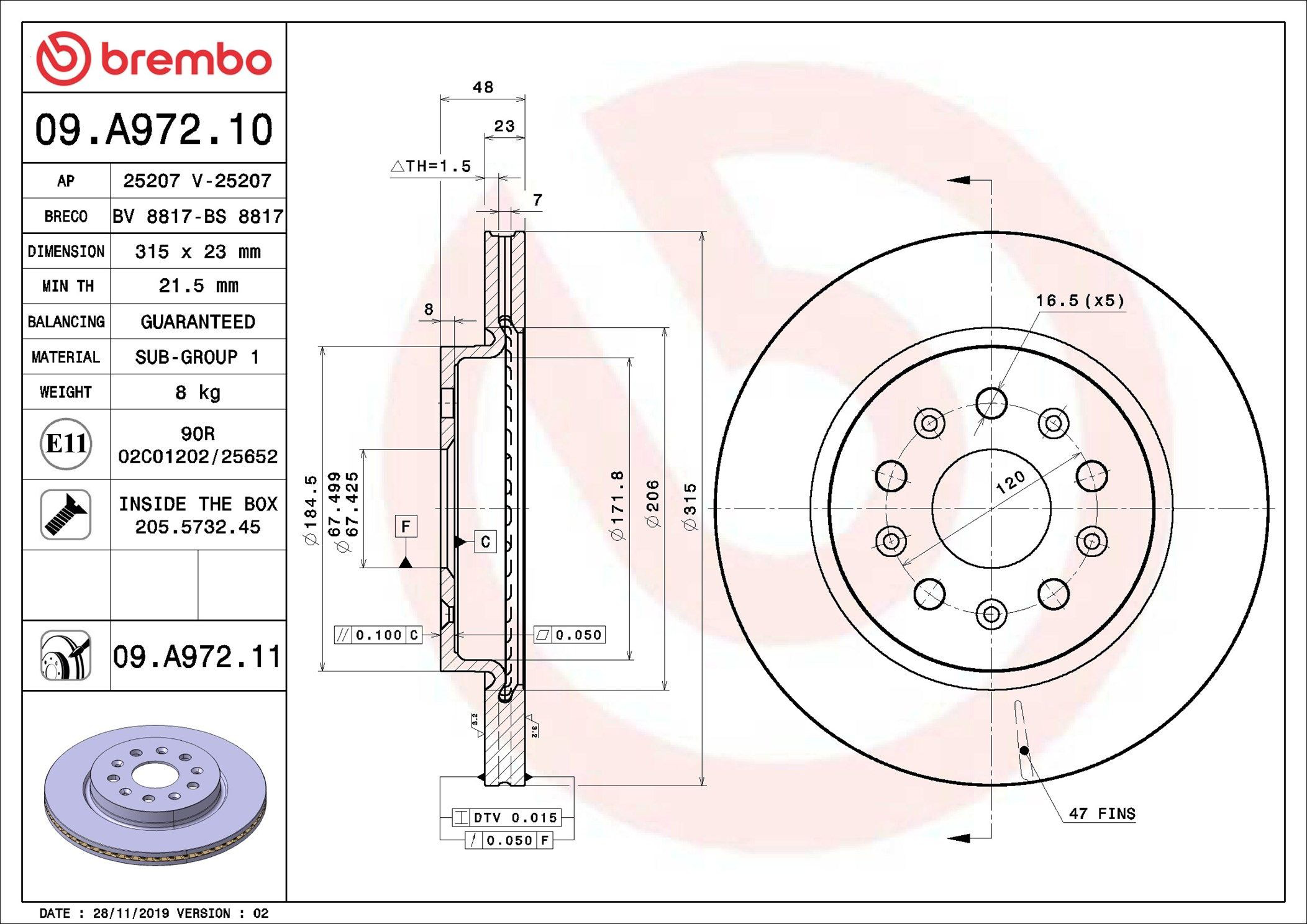Disco de freno trasero 09A97211 Brembo