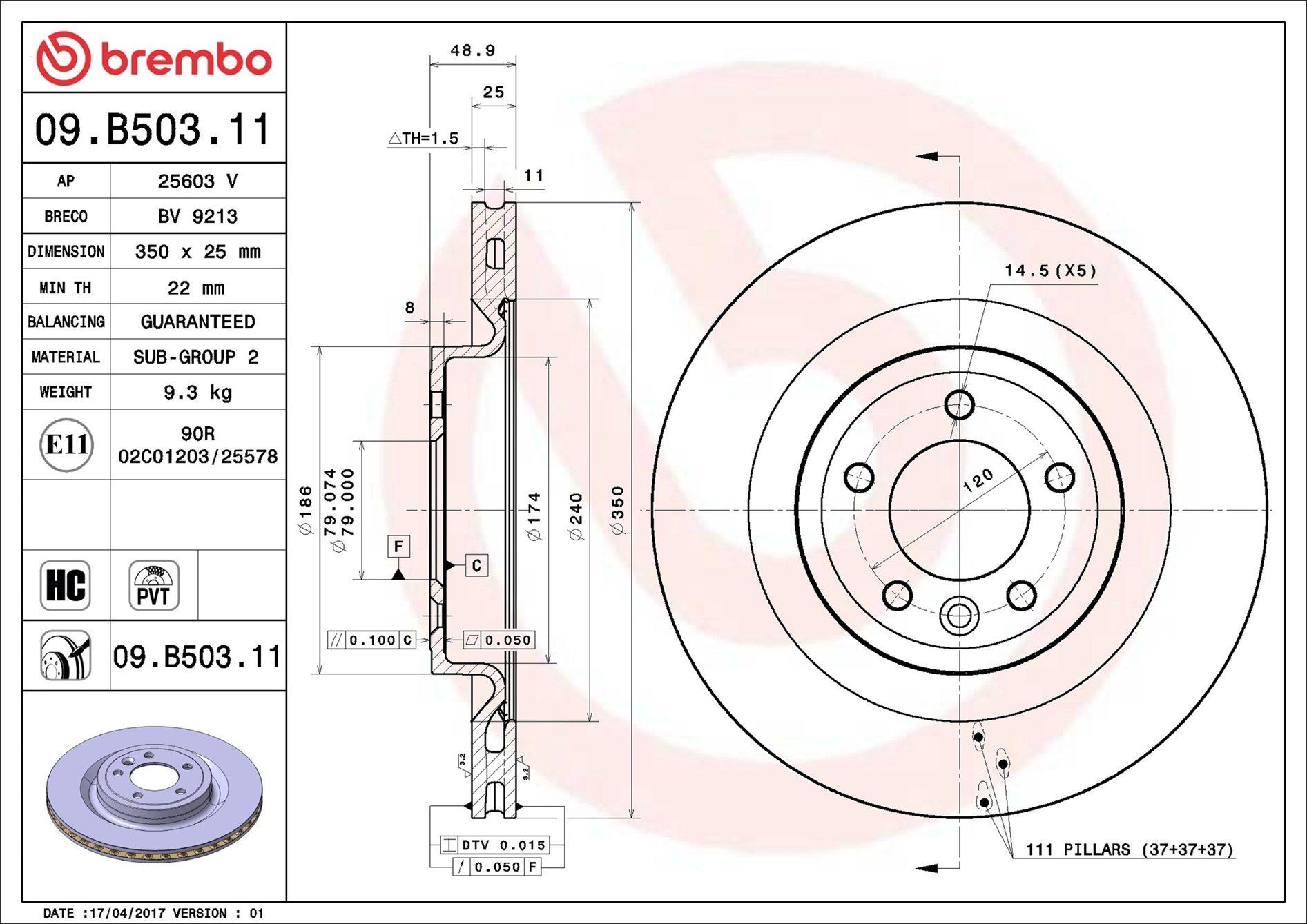 Comprar 09B50311 Brembo Disco de freno trasero