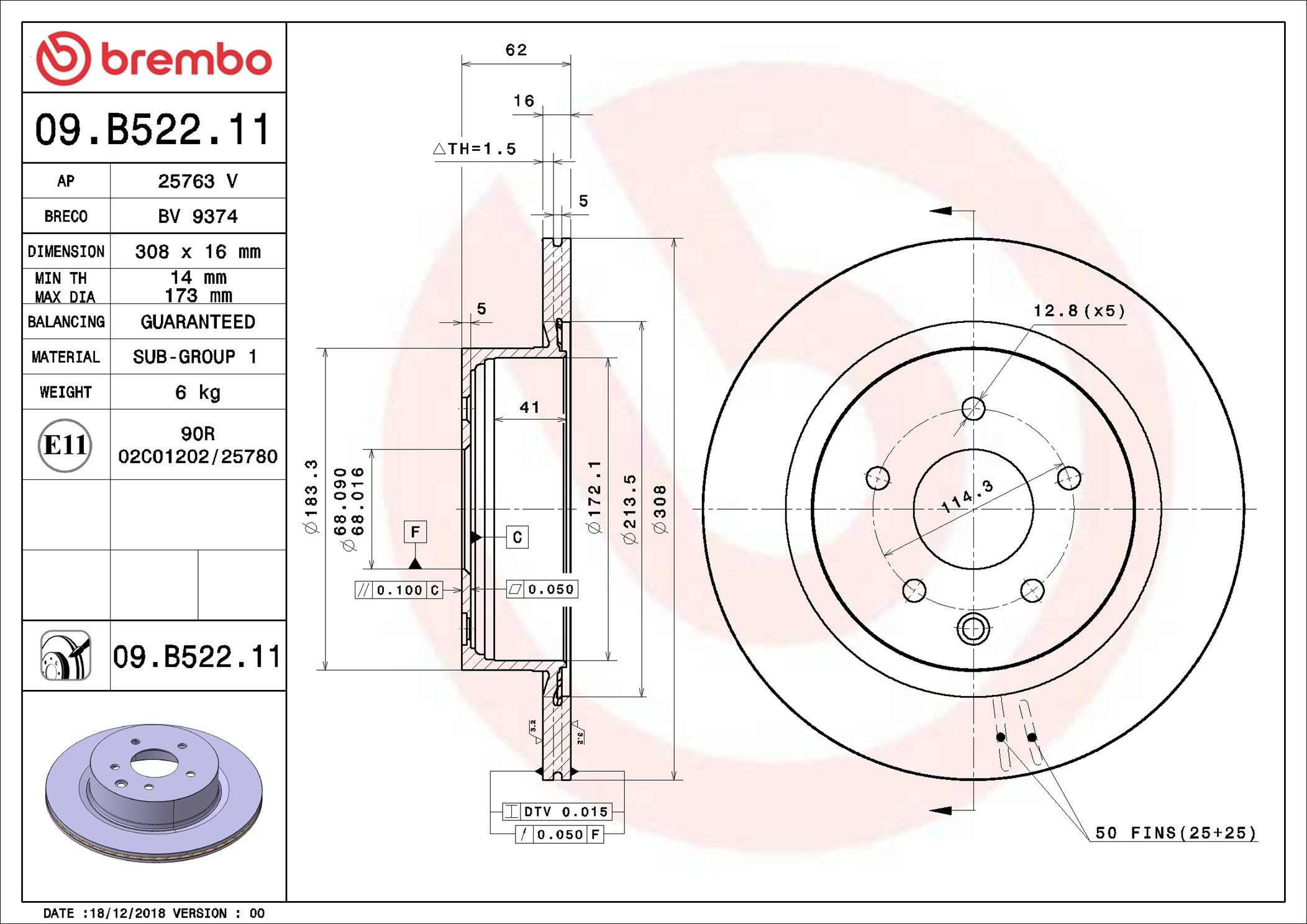 Disco de freno trasero Brembo 09B52211 precio, desde 52,70 EUR