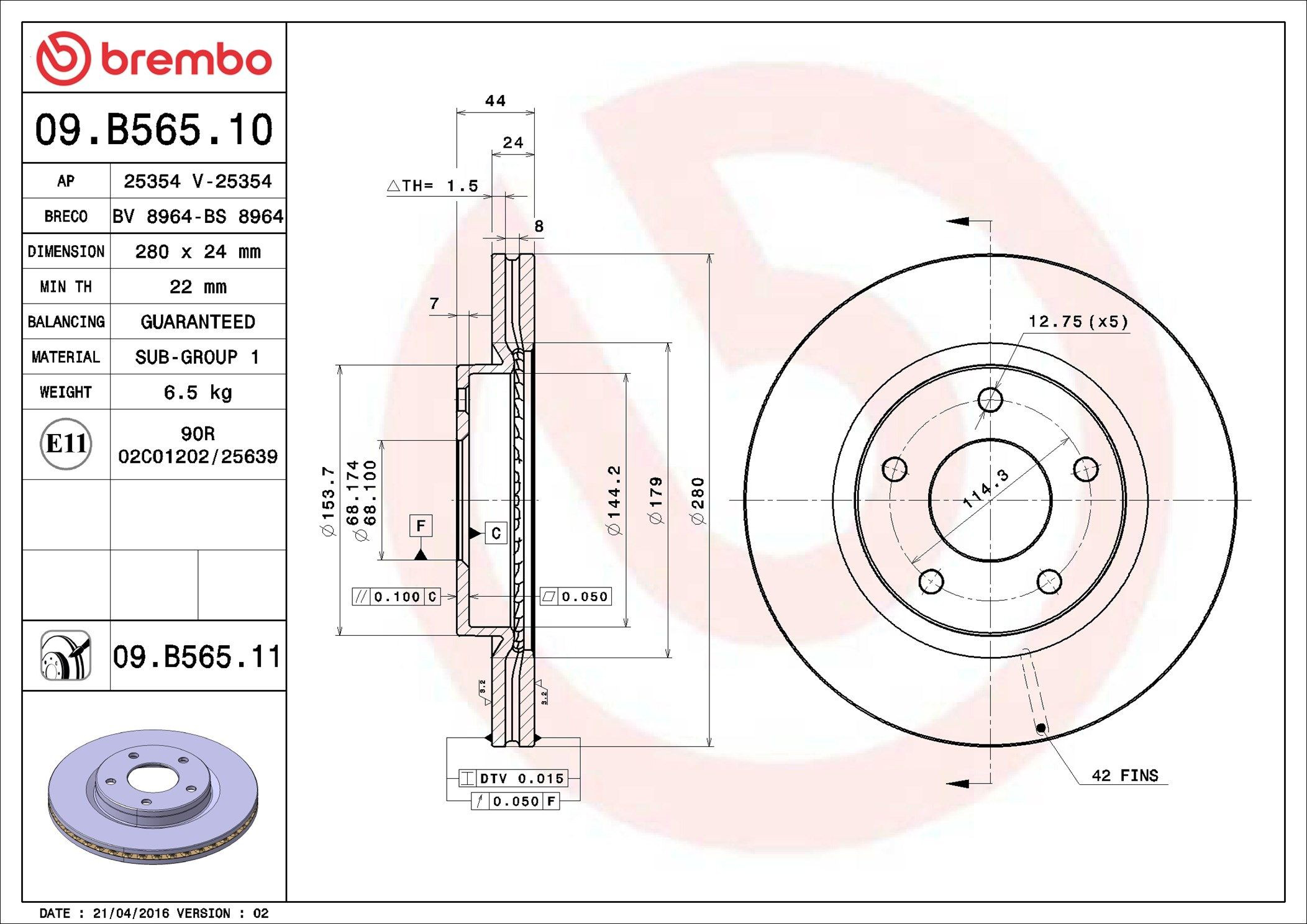 Disco de freno 09B56511 Brembo