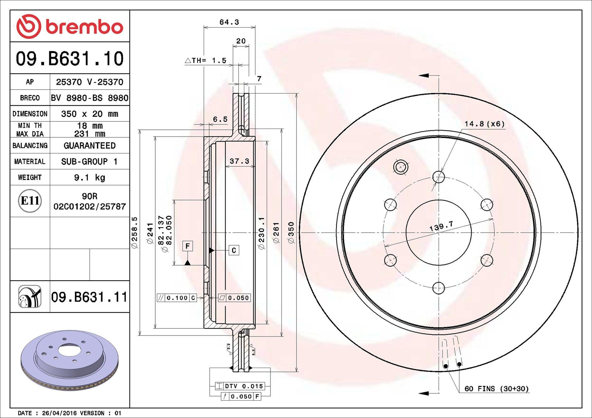 Comprar 09B63111 Brembo Disco de freno trasero