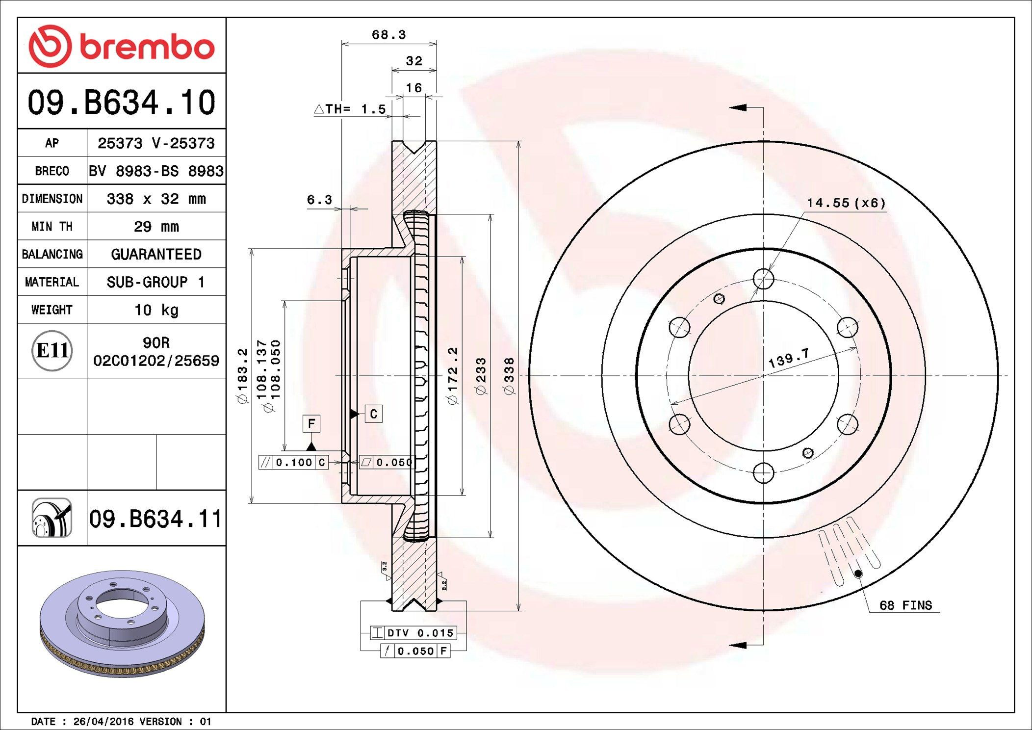 Comprar 09B63411 Brembo Freno de disco delantero