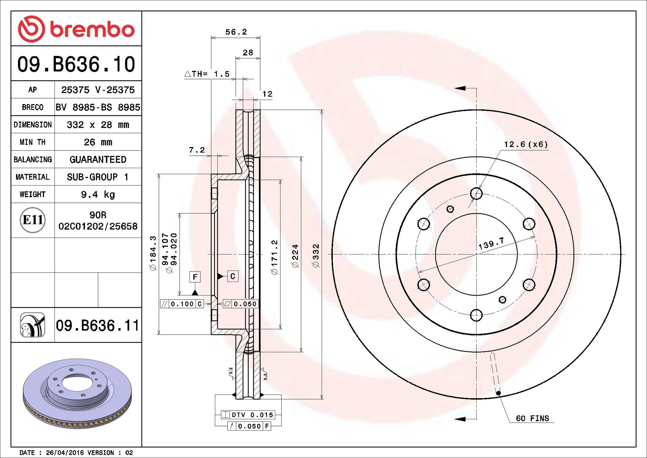 Comprar 09B63611 Brembo Freno de disco delantero