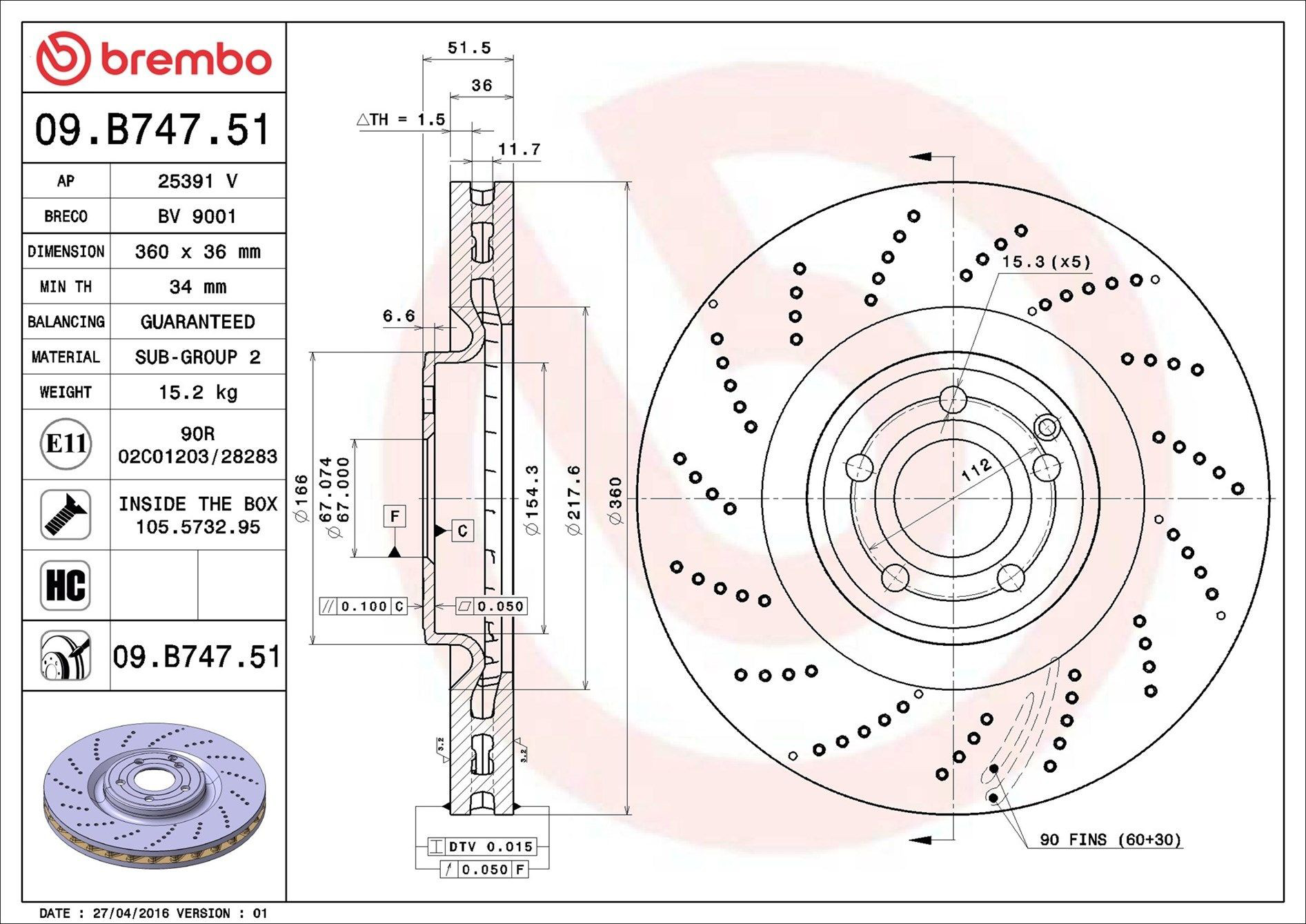 Disco de freno 09B74751 Brembo