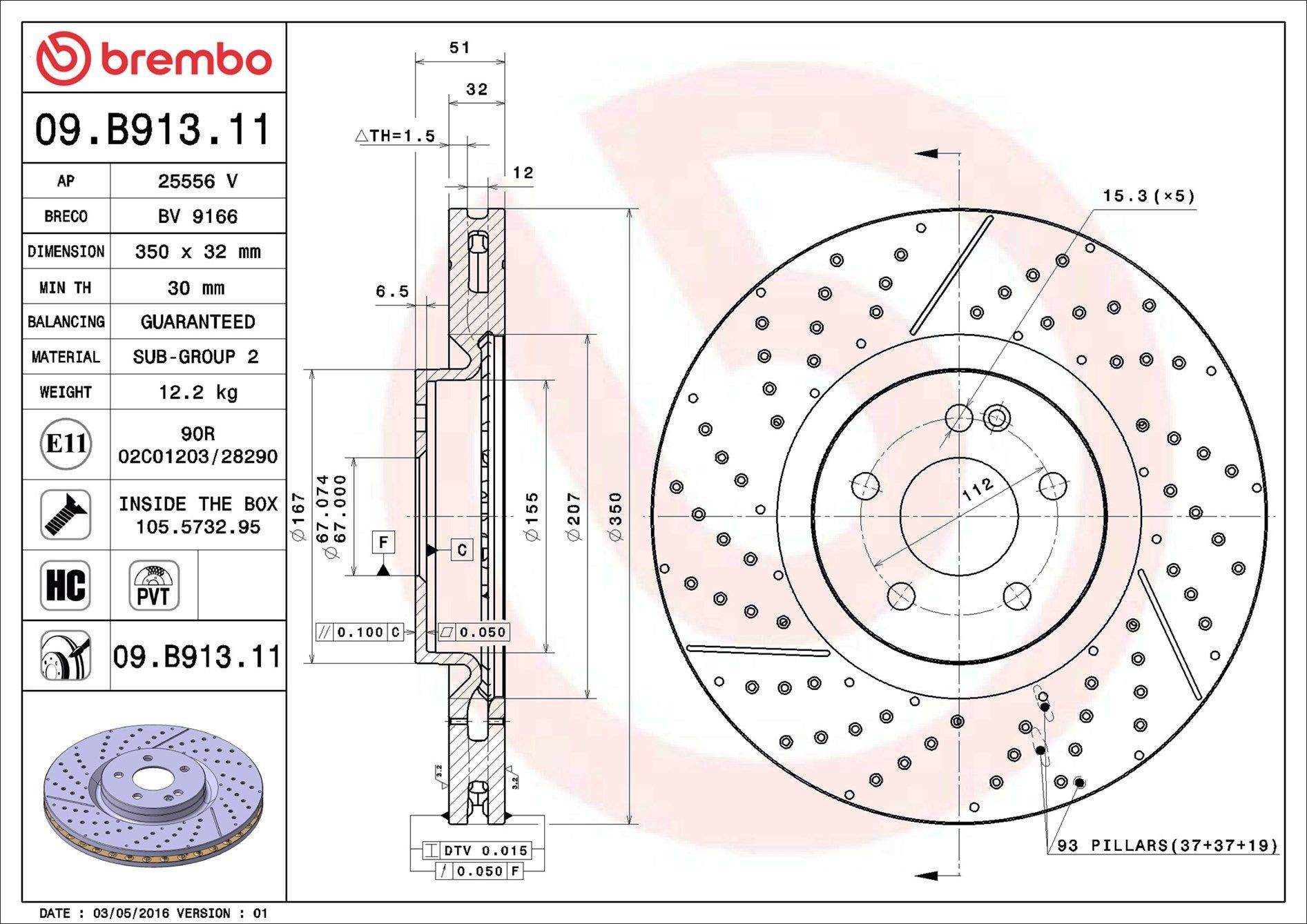 Disco de freno delantero Brembo 09B91311