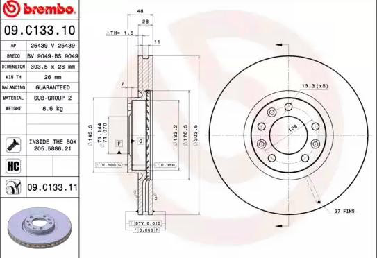 Disco de freno 09C13311 Brembo