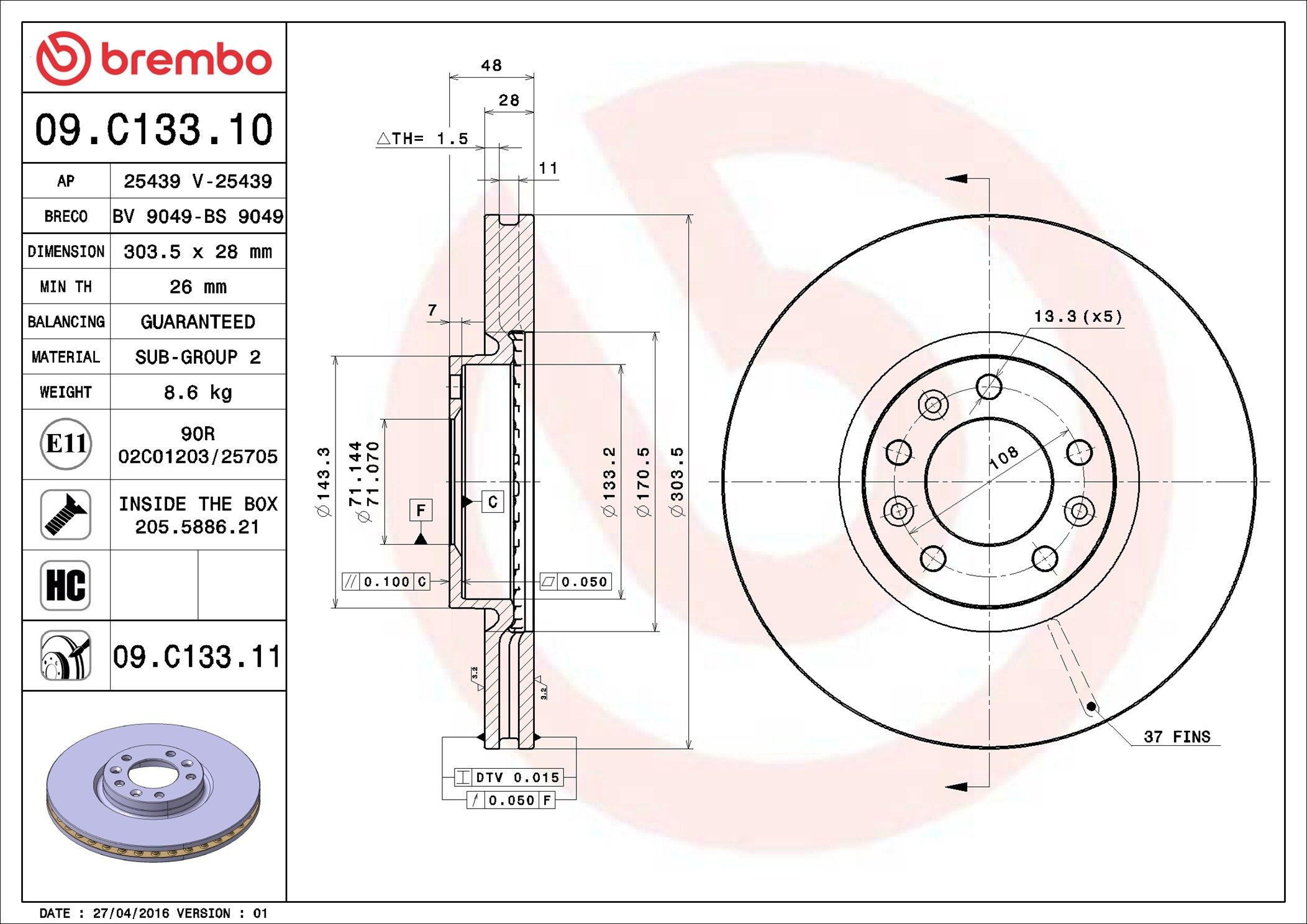 Disco de freno 09C13311 Brembo