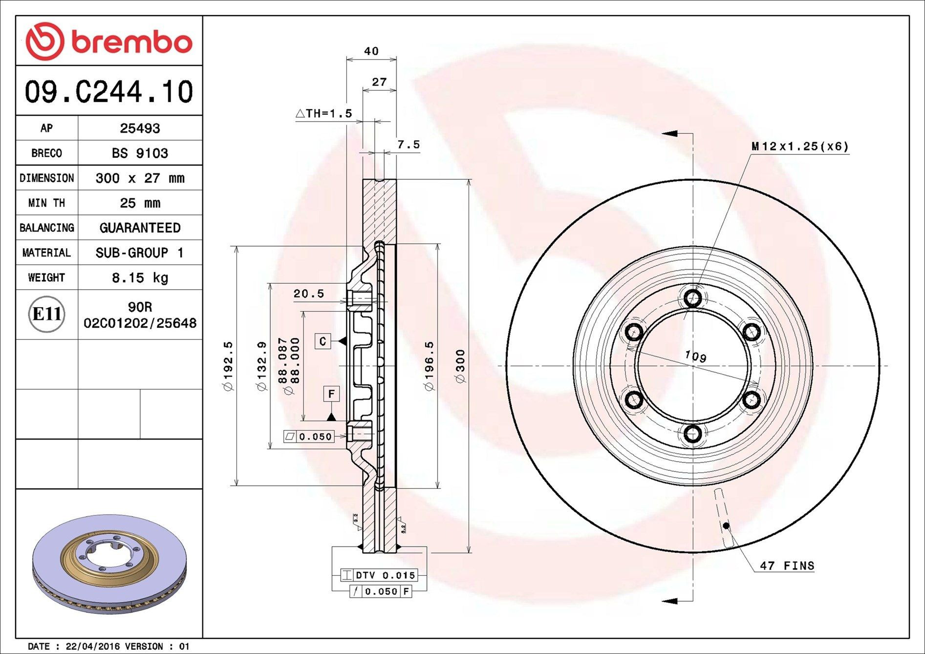 Disco de freno 09C24410 Brembo
