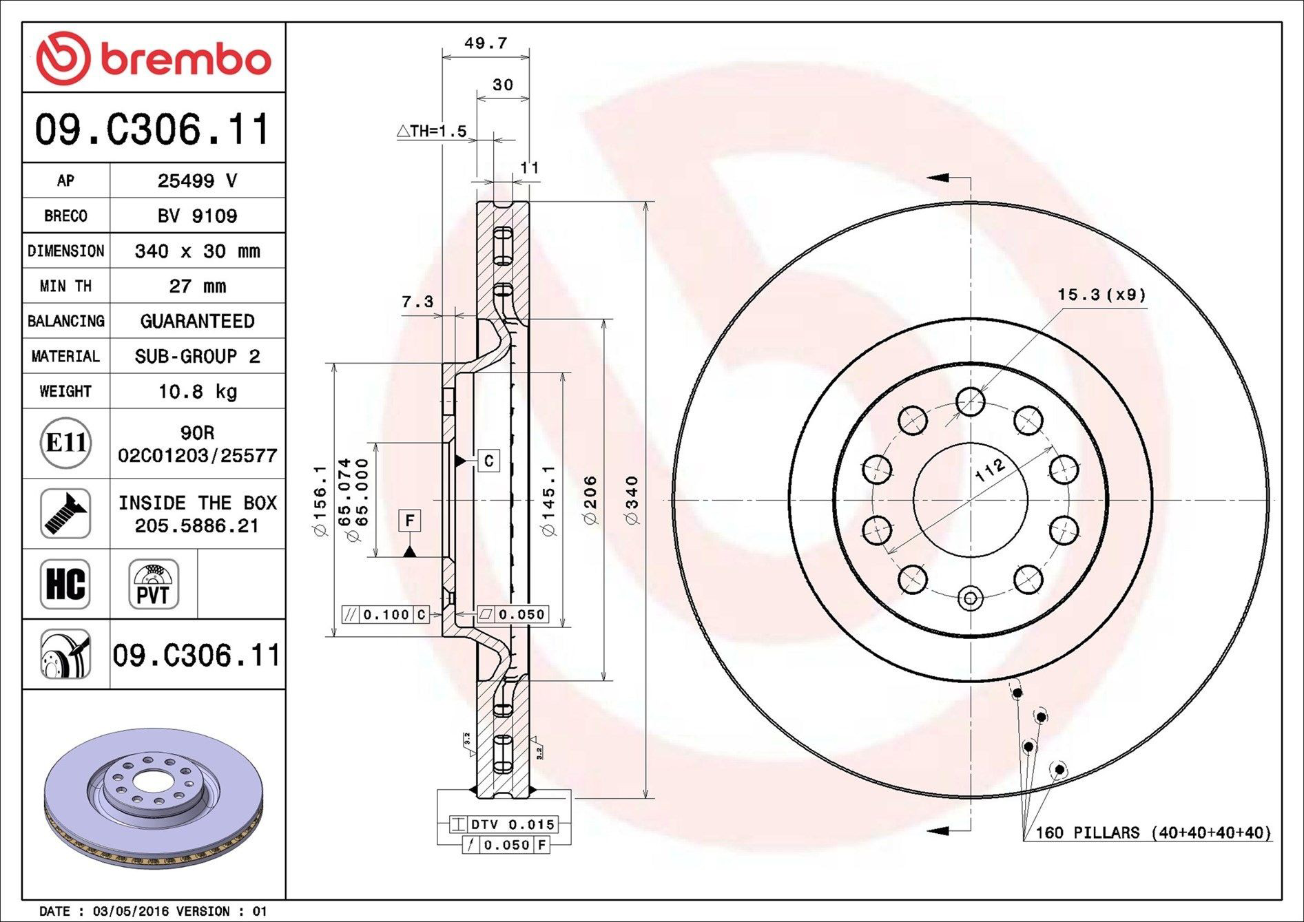 Disco de freno delantero Brembo 09C30611