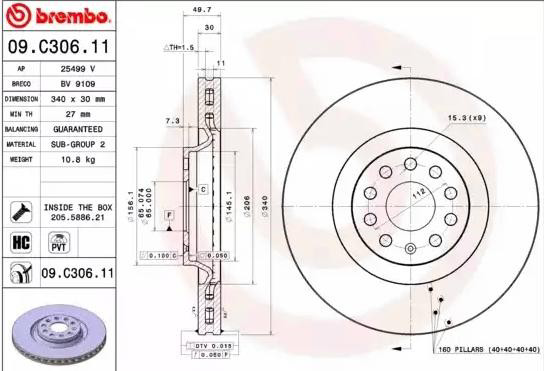 Disco de freno 09C30611 Brembo