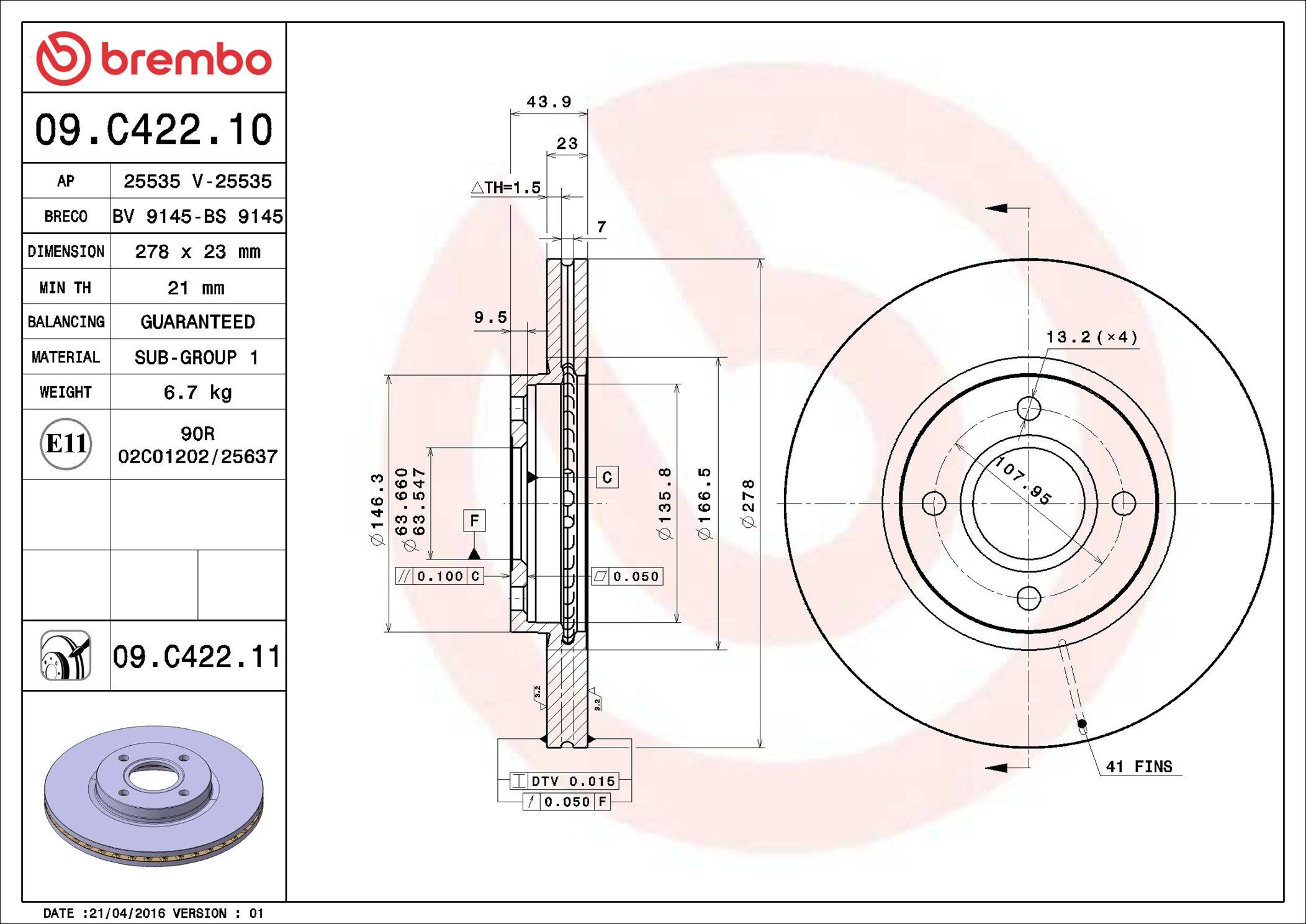 Disco de freno 09C42211 Brembo