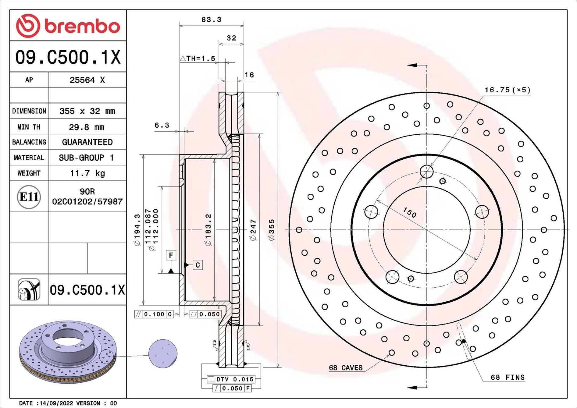 Disco de freno 09C5001X Brembo