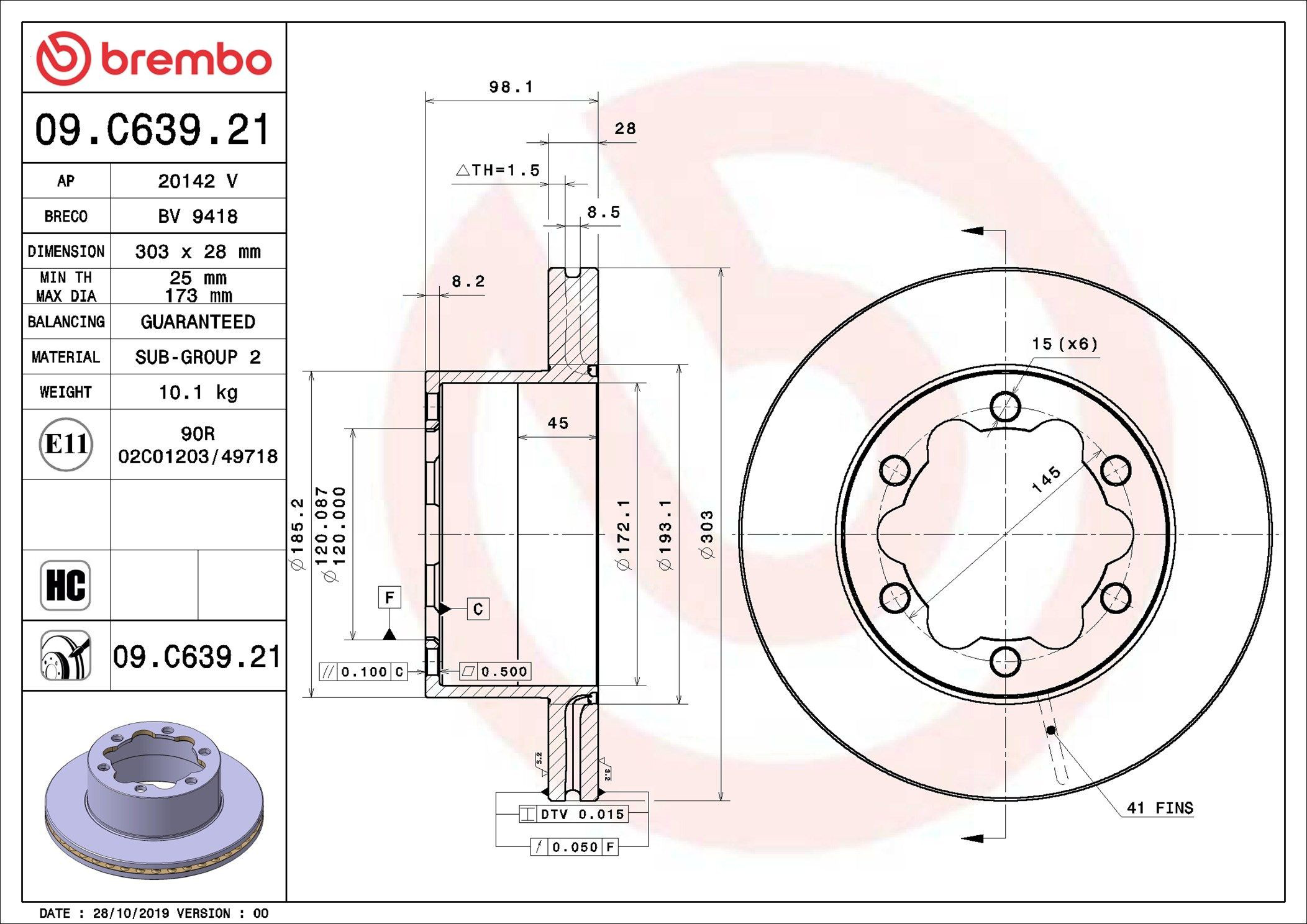 Comprar 09C63921 Brembo Disco de freno trasero