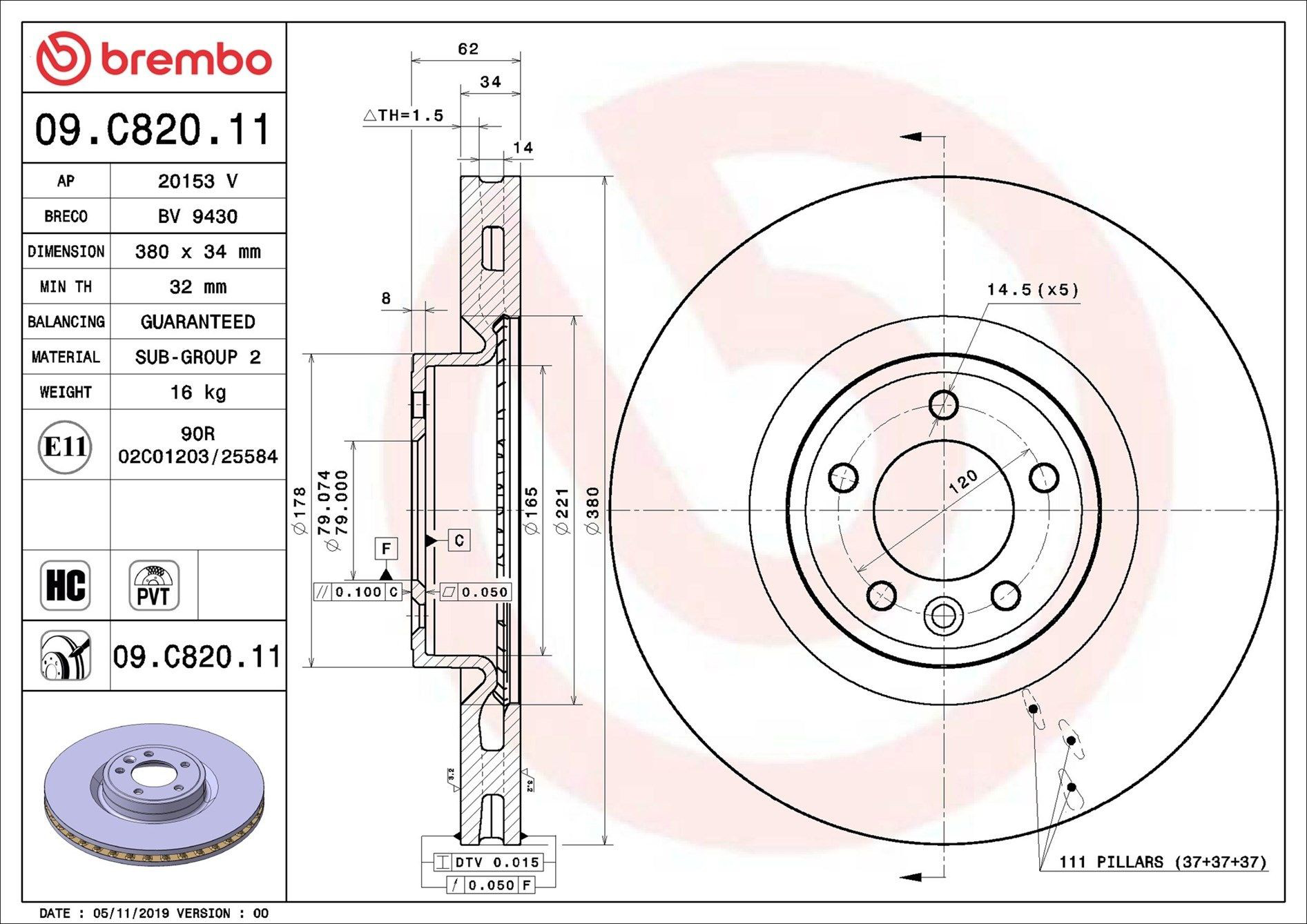 Comprar 09C82011 Brembo Freno de disco delantero